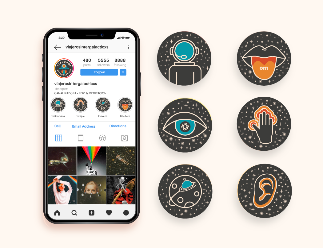 Iconos destacados de un perfil de Instagram de temática espacial y de meditación, junto a un teléfono móvil con la cuenta 'viajerosintergalacticxss' en vista. Los iconos representan un astronauta, una lengua con 'om', un ojo con un símbolo, una mano tocando una superficie, un planeta con un satélite, y una oreja.