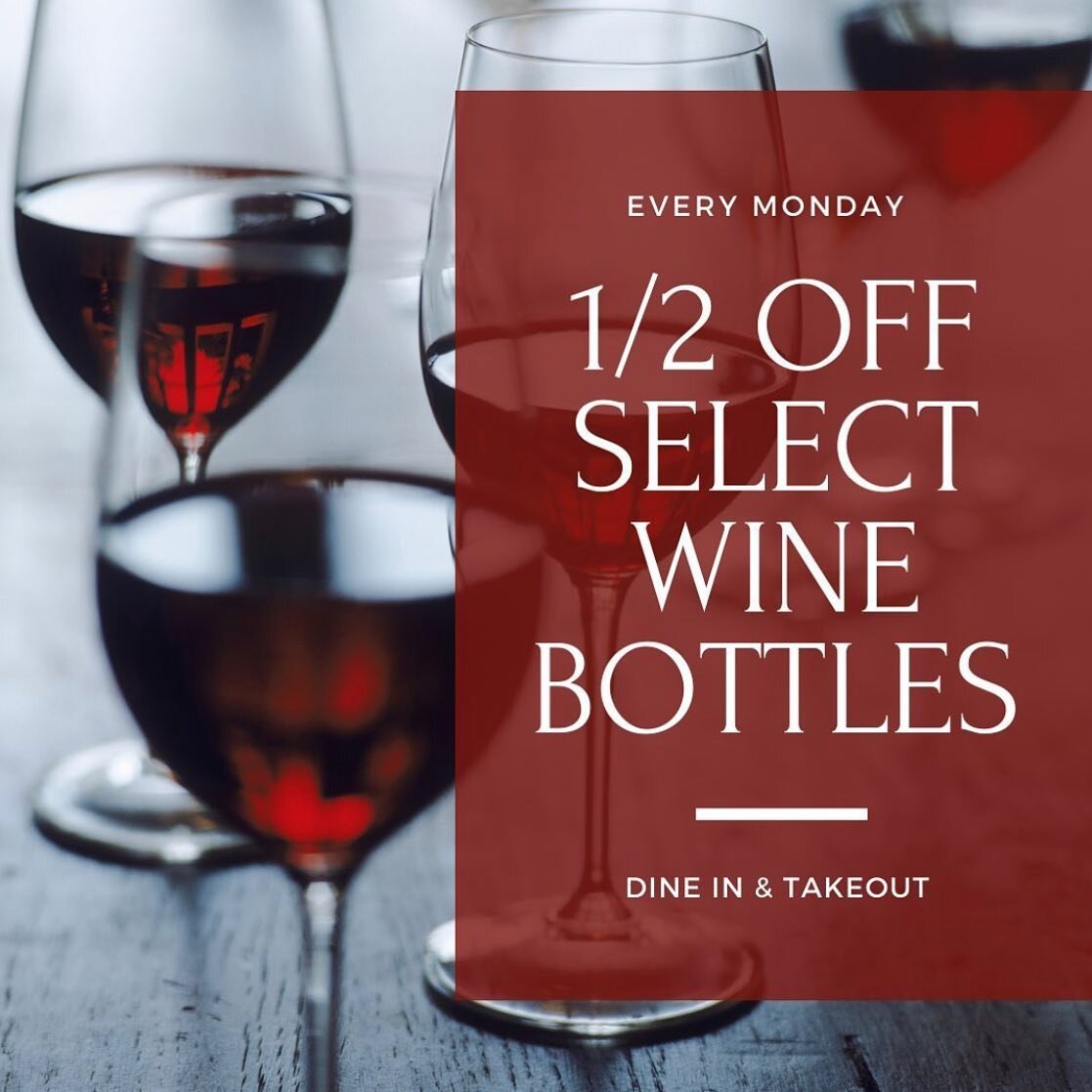 Did you know? Each Monday we offer 1/2 OFF *Select* bottles of wine for dine-in &amp; take out! 🍷 🥂✨ #houseoflumarietta #mariettasquare