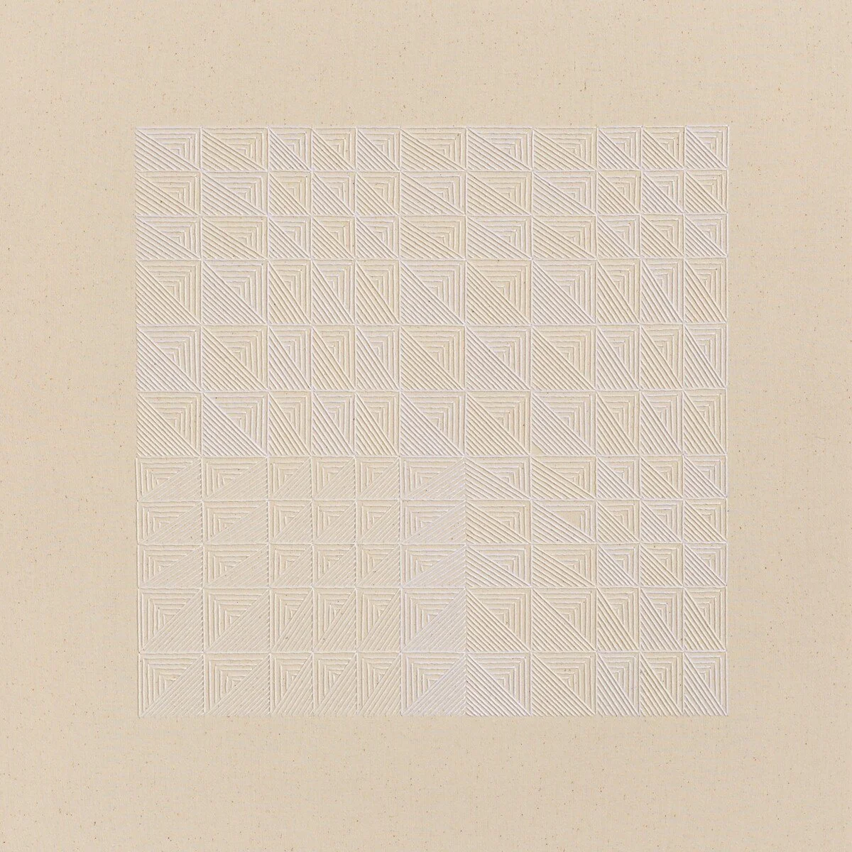 hand embroidered artwork with white thread on cotton canvas in geometric patterns by Alice Wiese for Soapbox Arts Gallery in Burlington, Vermont