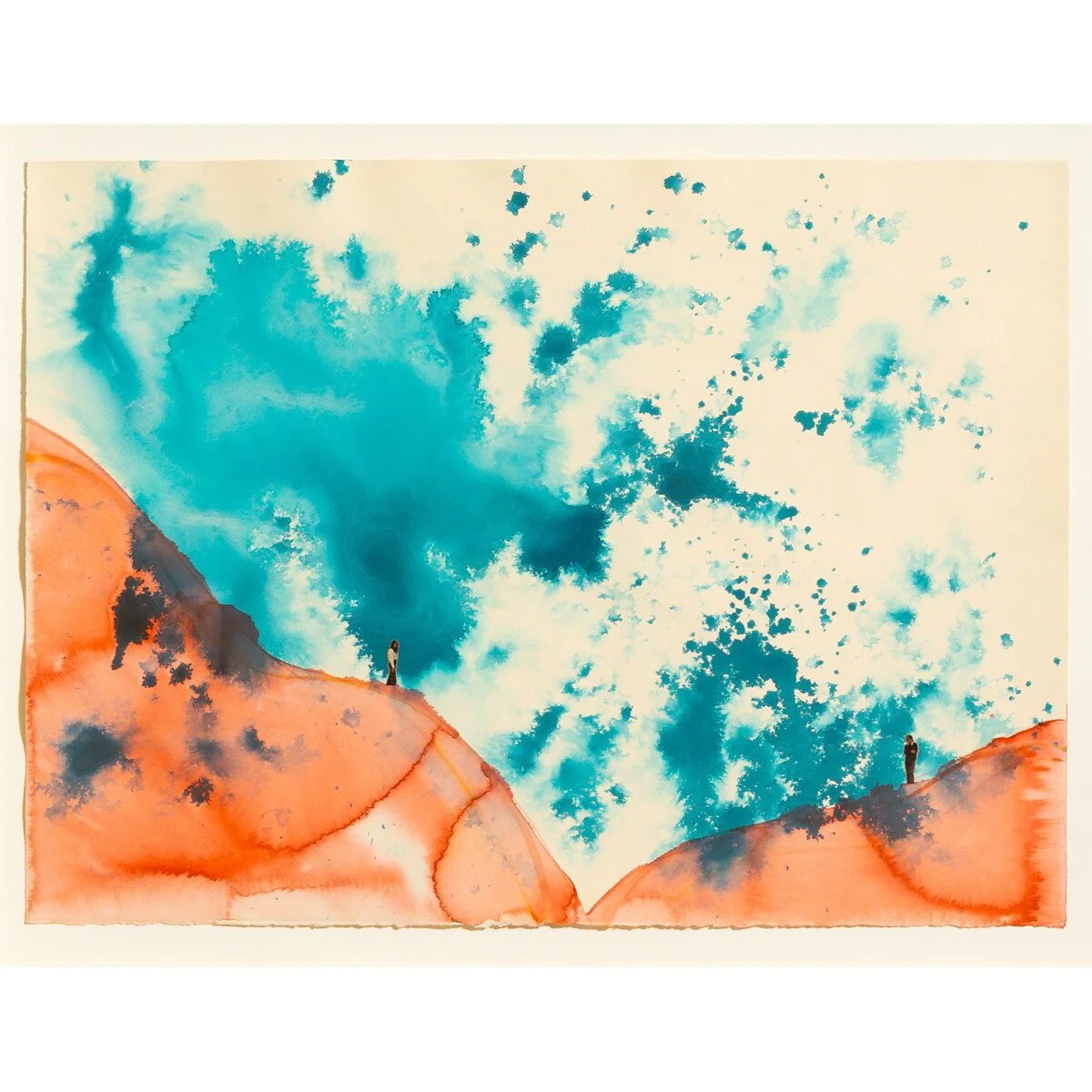 Original mixed media collage by Burlington-based artist, Vanessa Compton, of two figures on abstract watercolor hills available at Soapbox Arts Gallery in Burlington, VT
