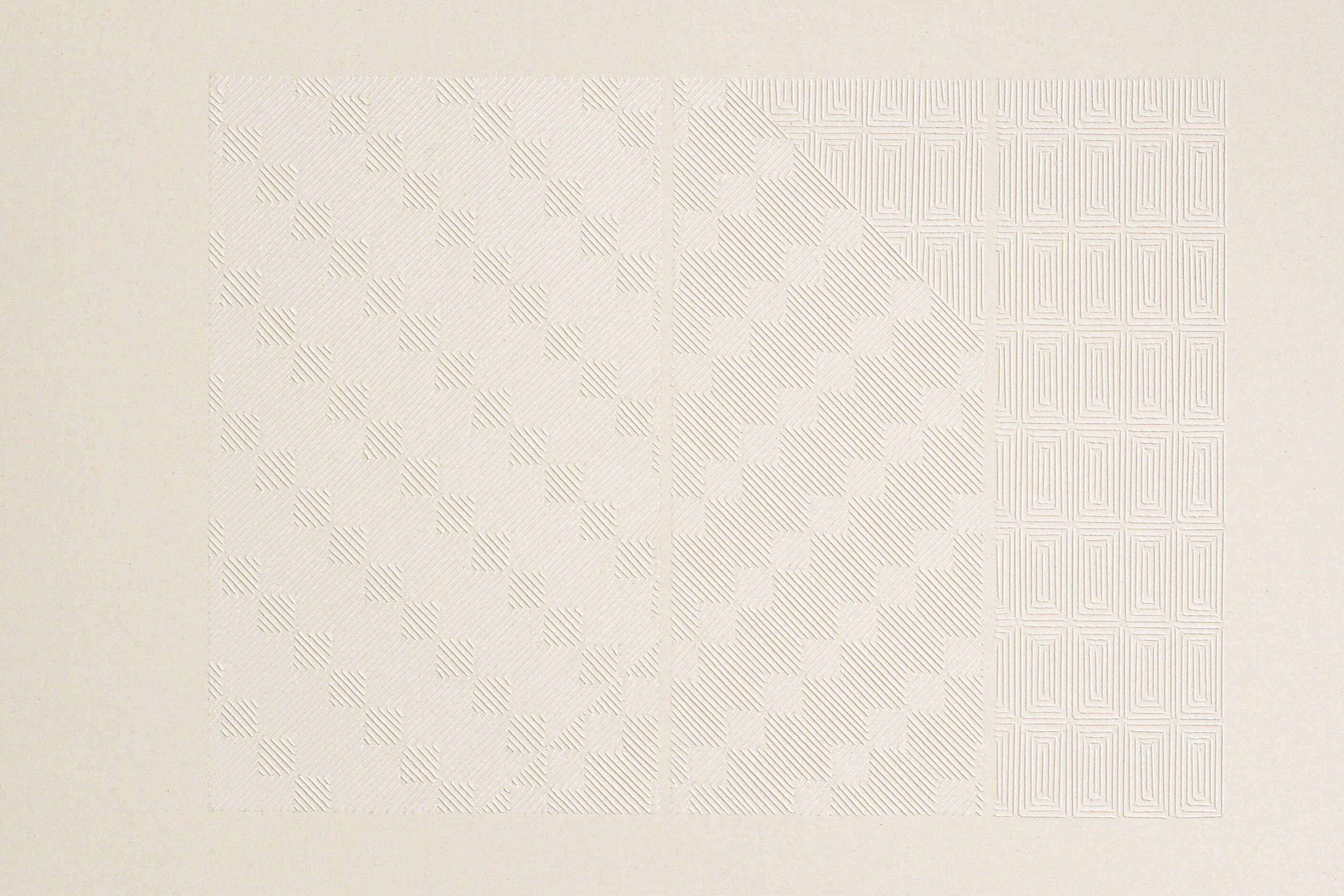 hand embroidered artwork with white thread on cotton canvas in geometric patterns by Alice Wiese for Soapbox Arts Gallery in Burlington, Vermont