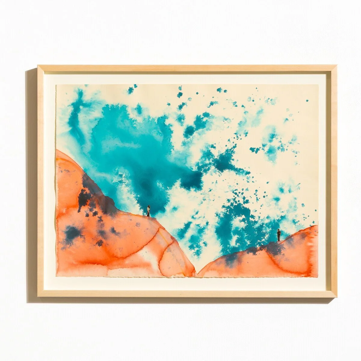 Original mixed media collage by Burlington-based artist, Vanessa Compton, of two figures on abstract watercolor hills available at Soapbox Arts Gallery in Burlington, VT
