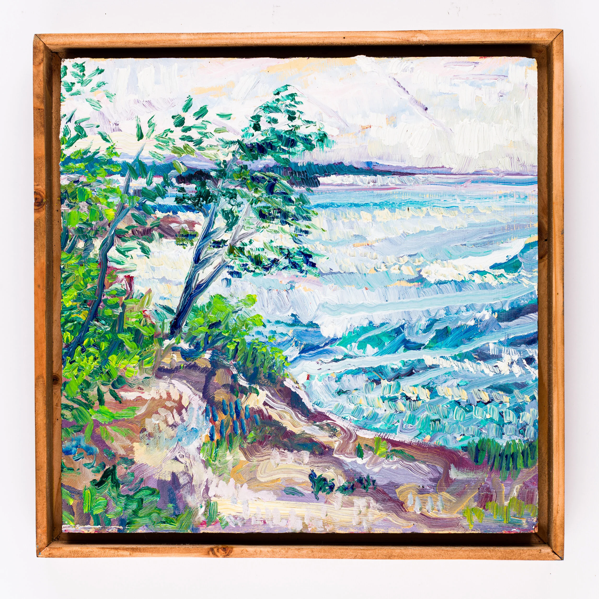 Framed en plein air oil painting Vermont swimming holes Beaches Trees Lake Champlain by Brooklyn artist Charlie Hudson