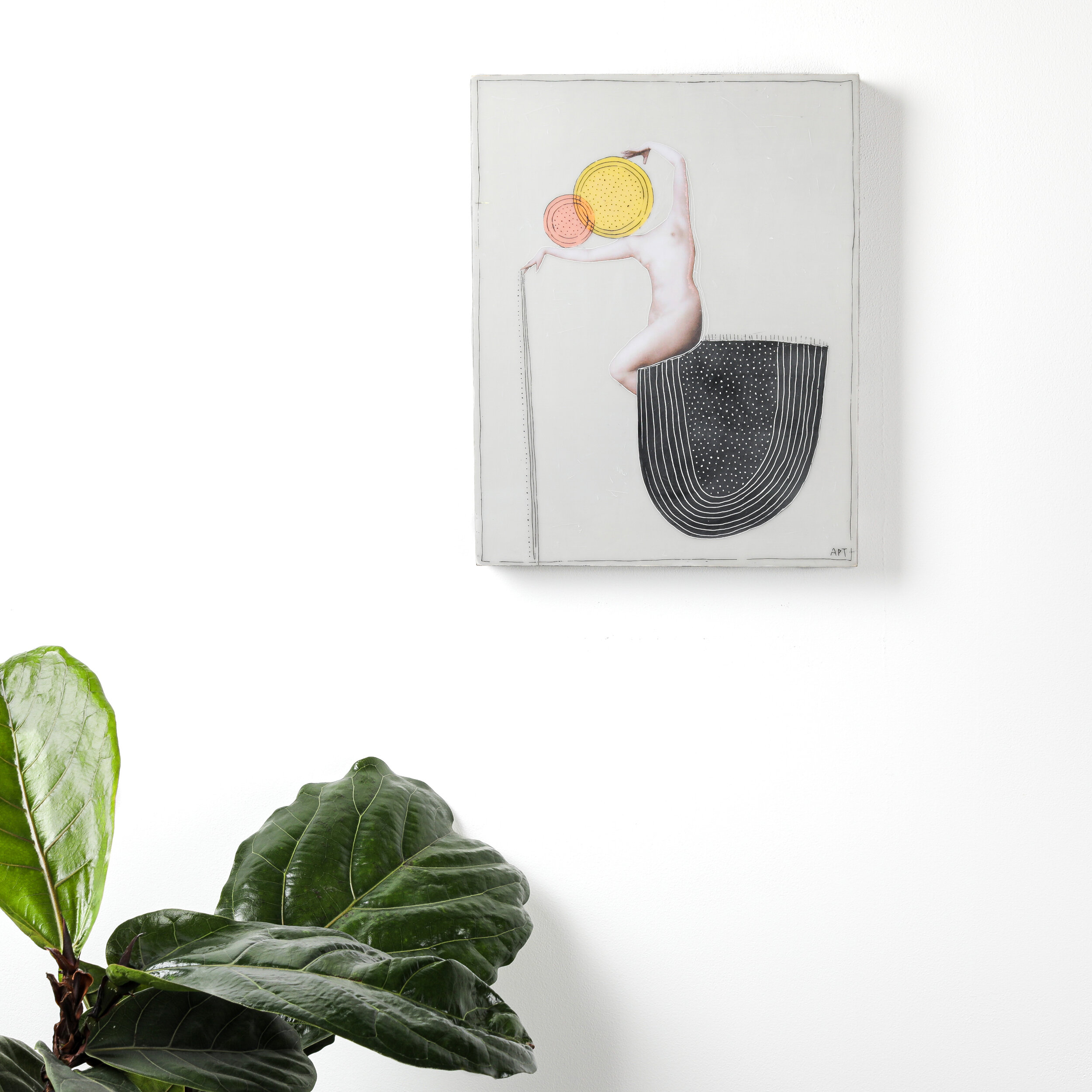 contemporary mixed media collage art encaustic vintage photographs female figures by contemporary emerging Vermont-based artist athena petra tasiopoulos styled with fiddle leaf fig