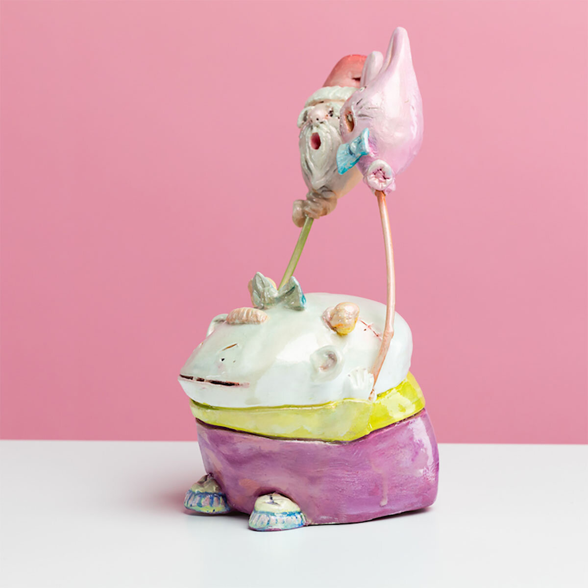 Surreal Humorous Original Hand-built Ceramic Sculpture of Evil Child with Balloon by Burlington-Based Ceramicist Jennifer McCandless