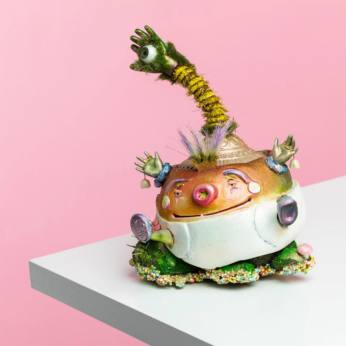 Surreal Humorous Original Hand-built Ceramic Mixed Media Sculpture of Imaginary God by Burlington-Based Ceramicist Jennifer McCandless
