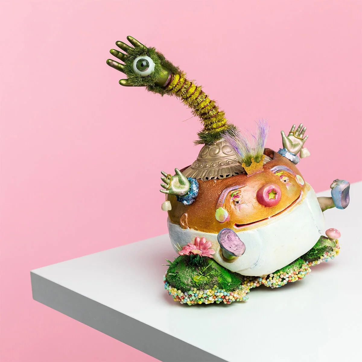 Surreal Humorous Original Hand-built Ceramic Mixed Media Sculpture of Imaginary God by Burlington-Based Ceramicist Jennifer McCandless