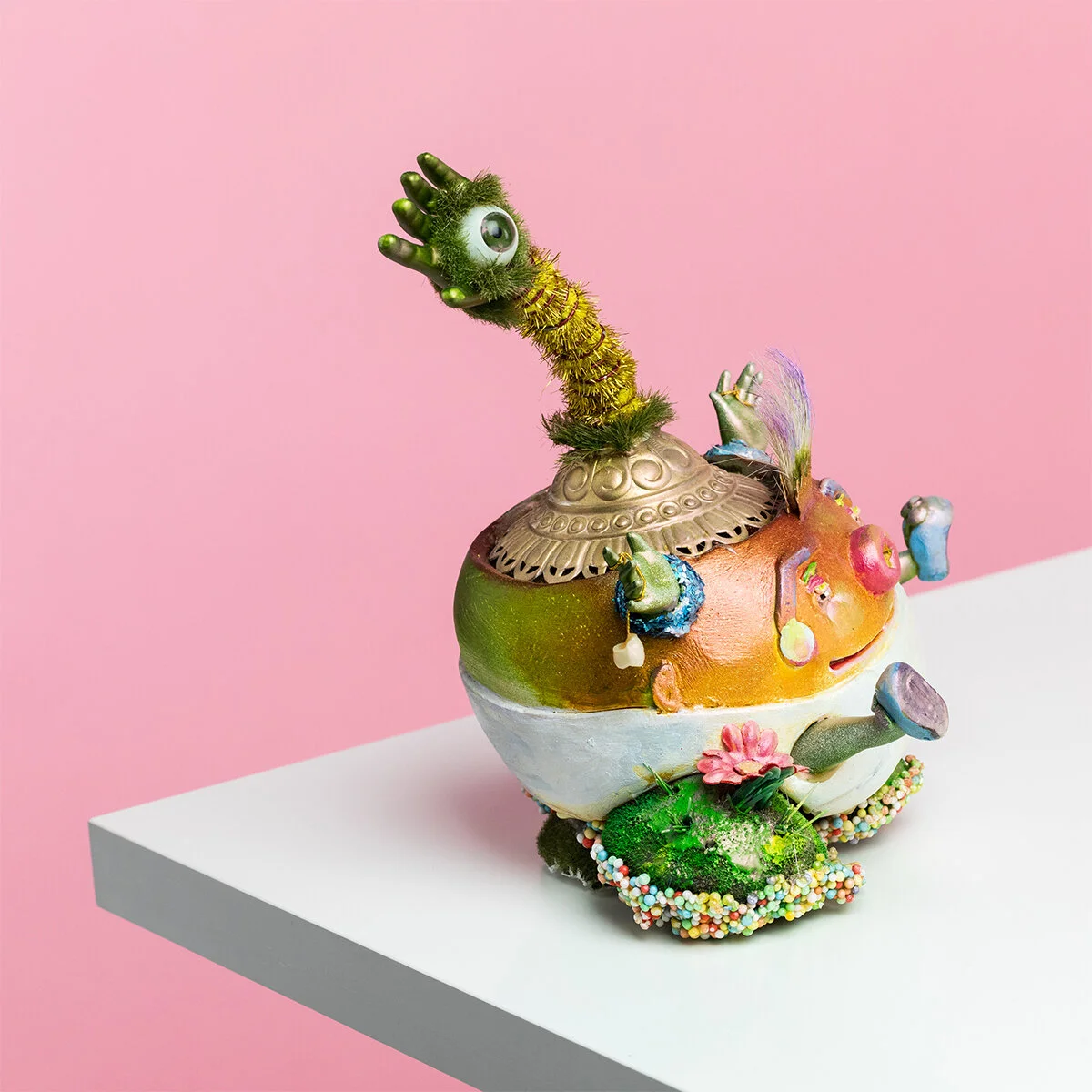 Surreal Humorous Original Hand-built Ceramic Mixed Media Sculpture of Imaginary God by Burlington-Based Ceramicist Jennifer McCandless