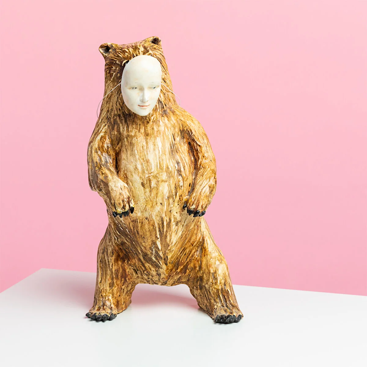 Surreal Humorous Original Hand-built Ceramic Mixed Media Sculpture of Bear Assimilating by Burlington-Based Ceramicist Jennifer McCandless