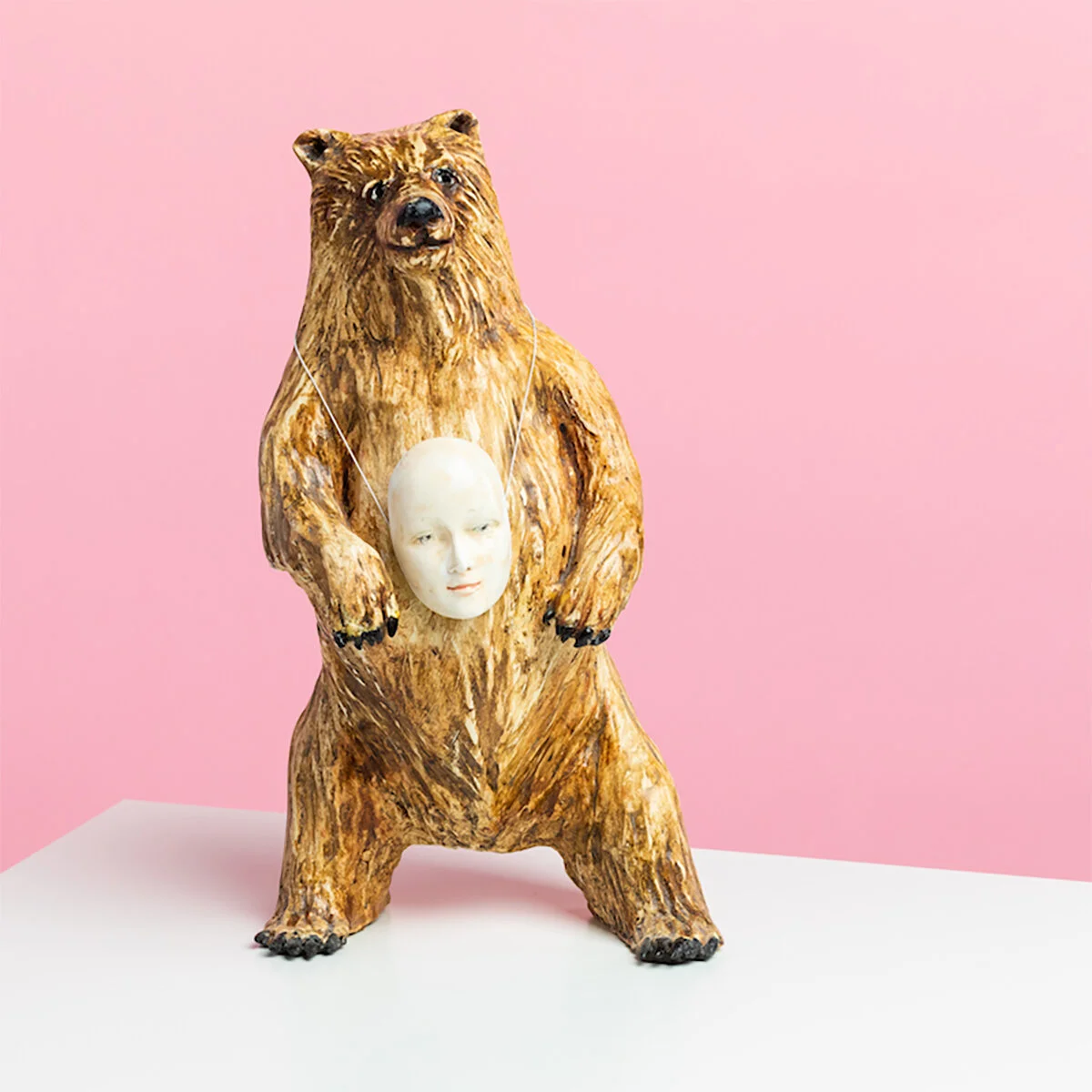 Surreal Humorous Original Hand-built Ceramic Mixed Media Sculpture of Bear Assimilating by Burlington-Based Ceramicist Jennifer McCandless