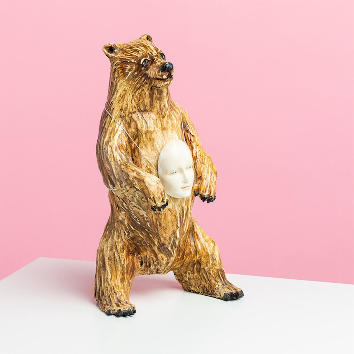 Surreal Humorous Original Hand-built Ceramic Mixed Media Sculpture of Bear Assimilating by Burlington-Based Ceramicist Jennifer McCandless