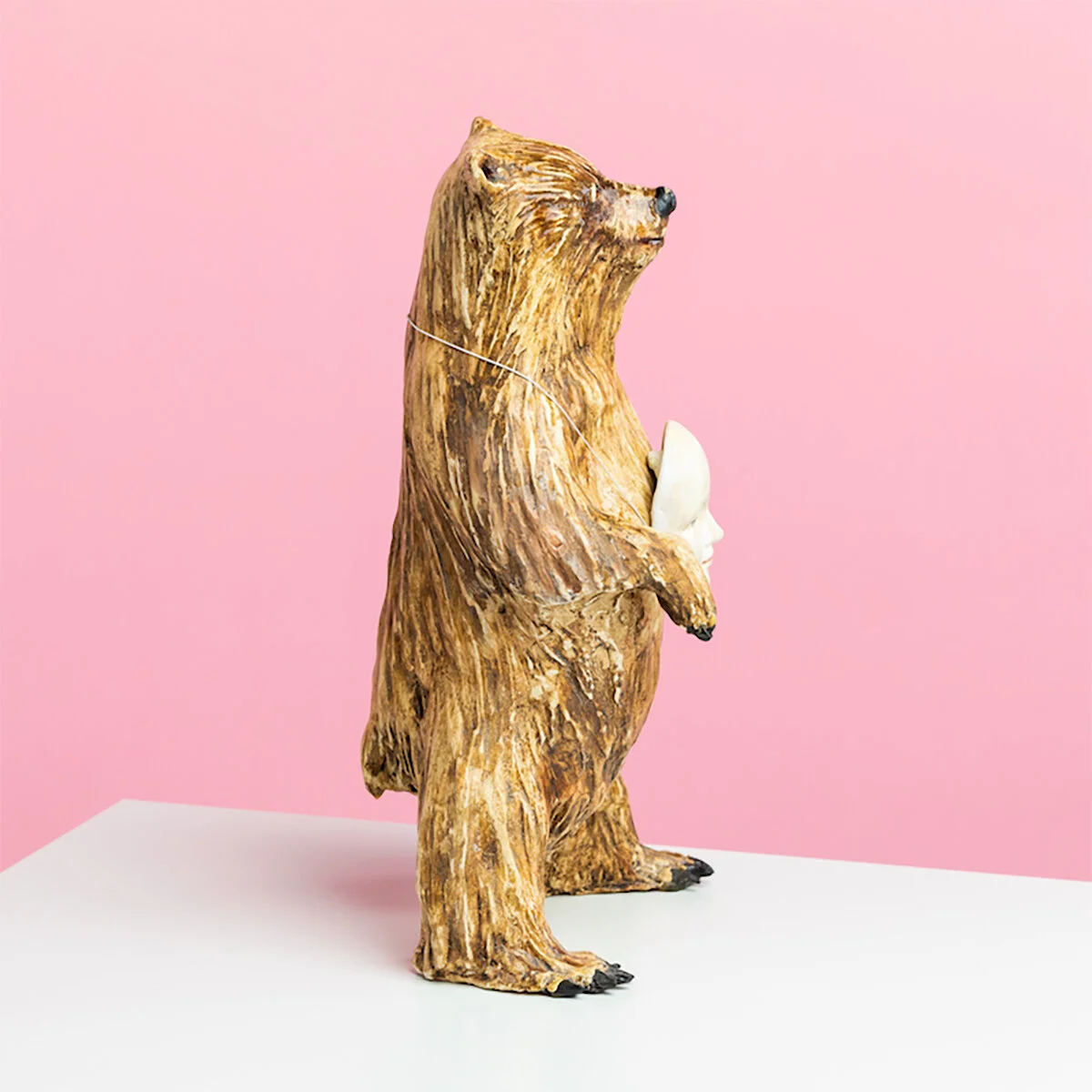 Surreal Humorous Original Hand-built Ceramic Mixed Media Sculpture of Bear Assimilating by Burlington-Based Ceramicist Jennifer McCandless