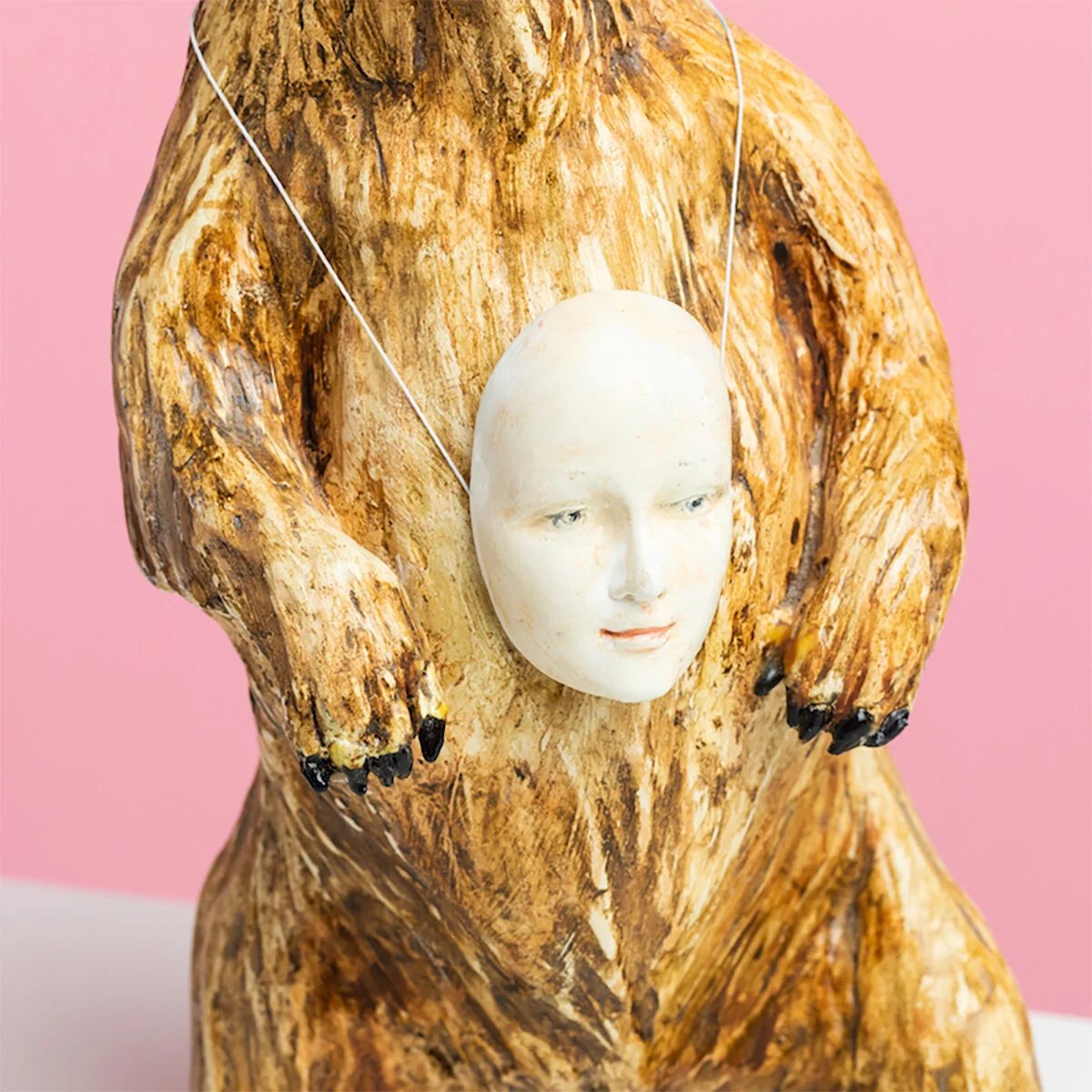 Surreal Humorous Original Hand-built Ceramic Mixed Media Sculpture of Bear Assimilating by Burlington-Based Ceramicist Jennifer McCandless