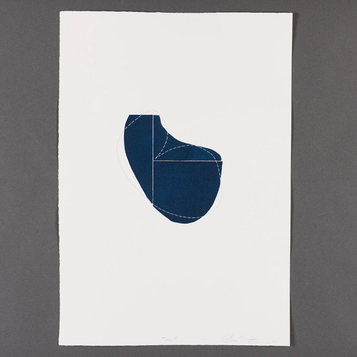Monochromatic original block print in navy soy ink on fine art paper, framed in light wood, by Elise Whittemore for Soapbox Arts.