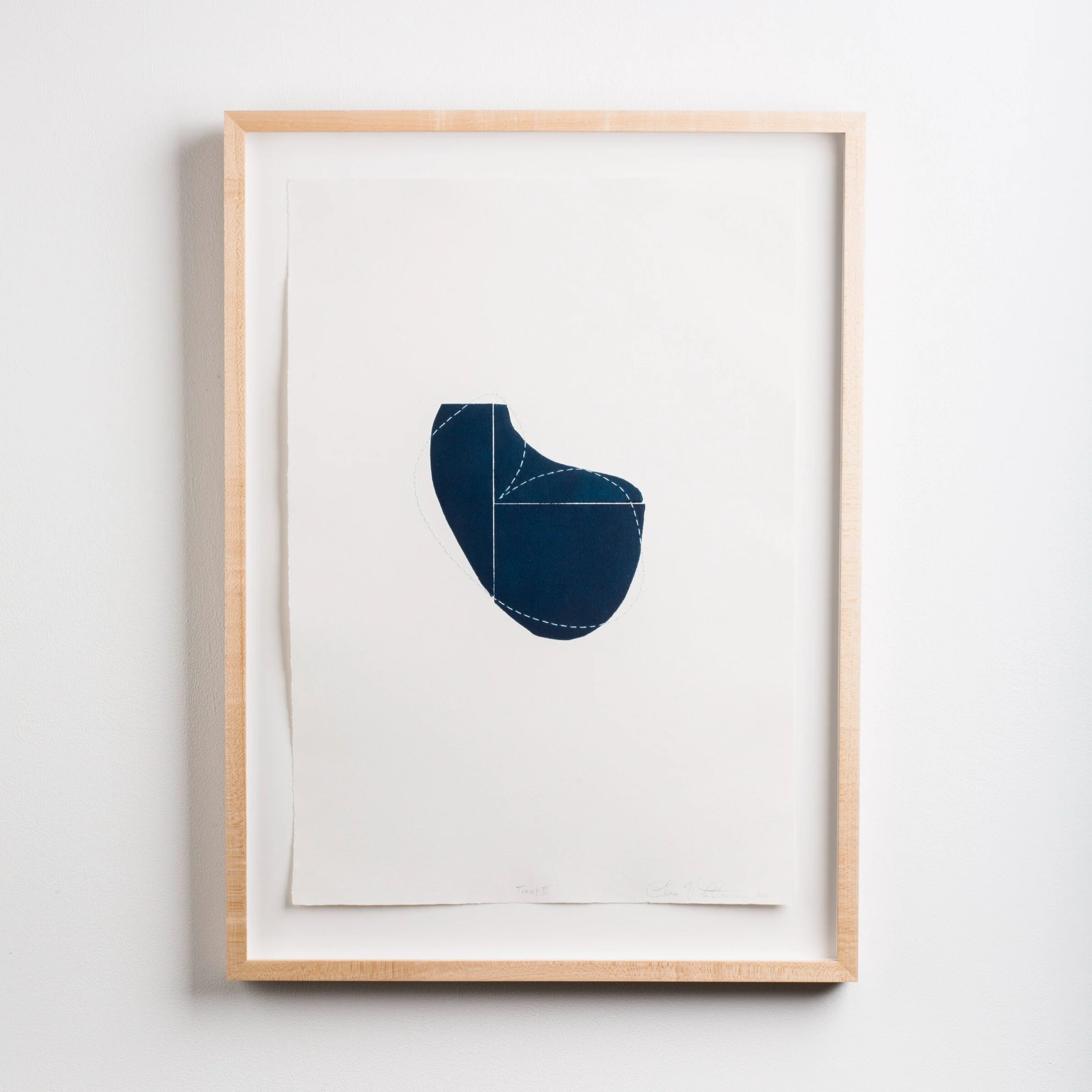 Monochromatic original block print in navy soy ink on fine art paper, framed in light wood, by Elise Whittemore for Soapbox Arts.