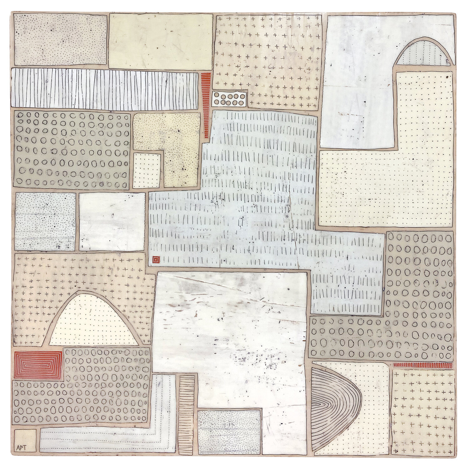 Mixed media, collage, and encaustic original artwork on panel featuring abstract geometric design in blue, red, and neutrals by Athena Petra Tasiopoulos for Soapbox Arts