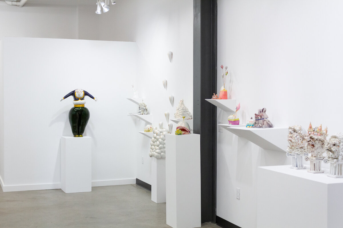 Installation image of Jennifer McCandless' solo exhibition of ceramic sculptures in Soapbox Arts Gallery