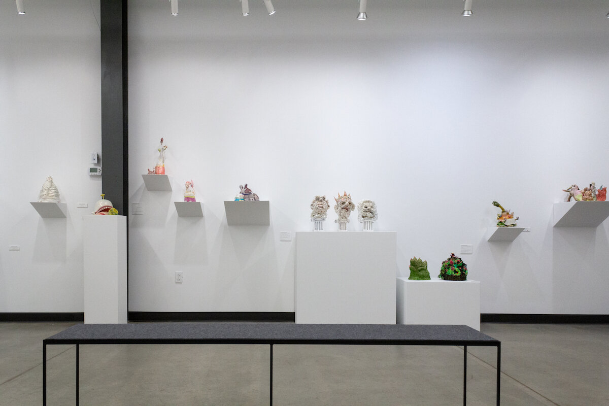 Installation image of Jennifer McCandless' solo exhibition of ceramic sculptures in Soapbox Arts Gallery