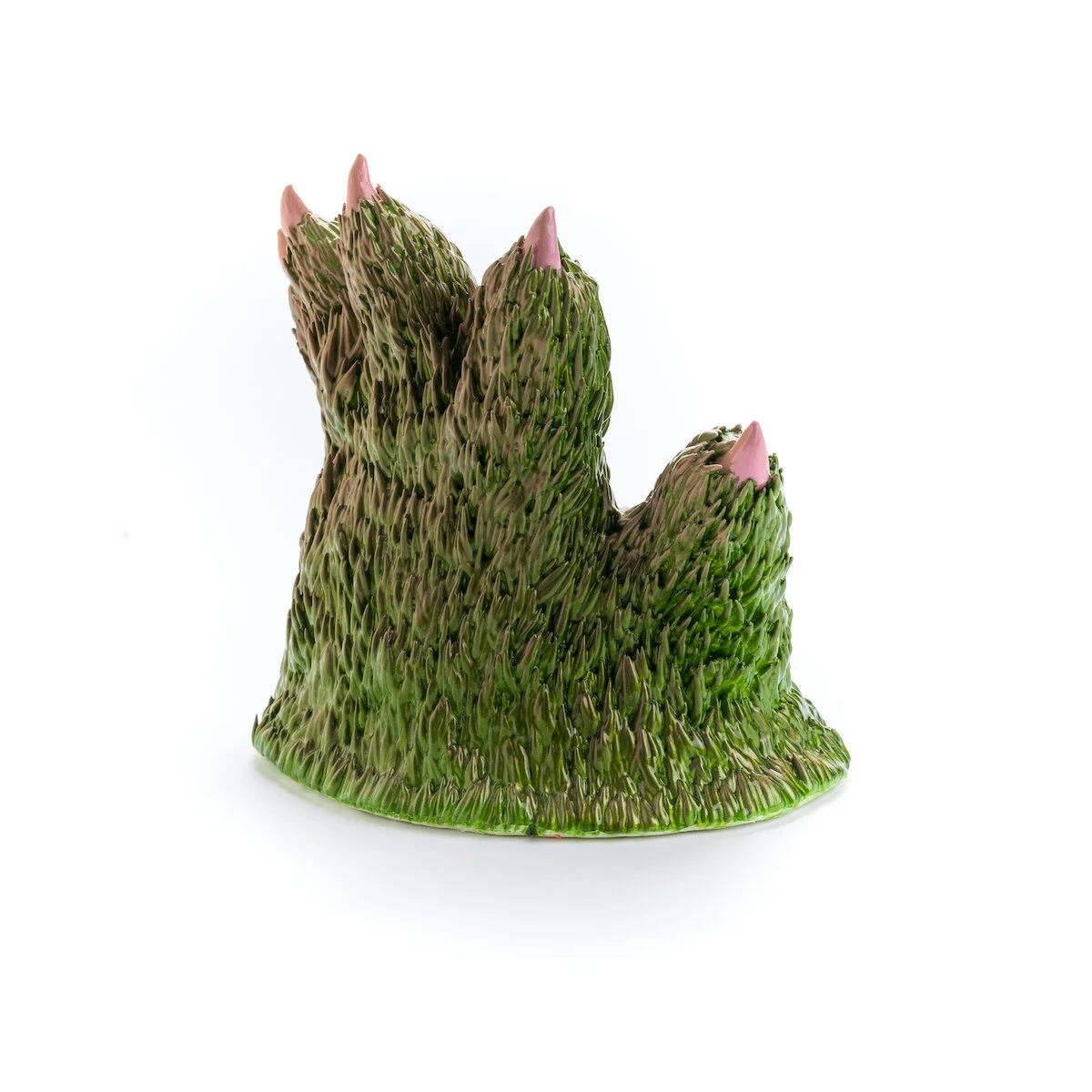 humorous hand built and painted ceramic sculpture of a textured hairy green monster paw with pink nails by Jennifer McCandless available through Soapbox Arts
