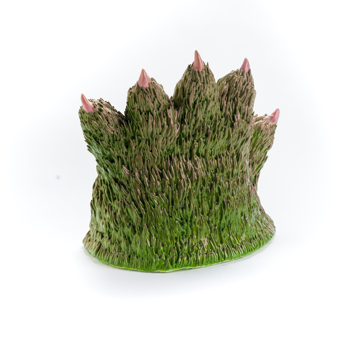 humorous hand built and painted ceramic sculpture of a textured hairy green monster paw with pink nails by Jennifer McCandless available through Soapbox Arts