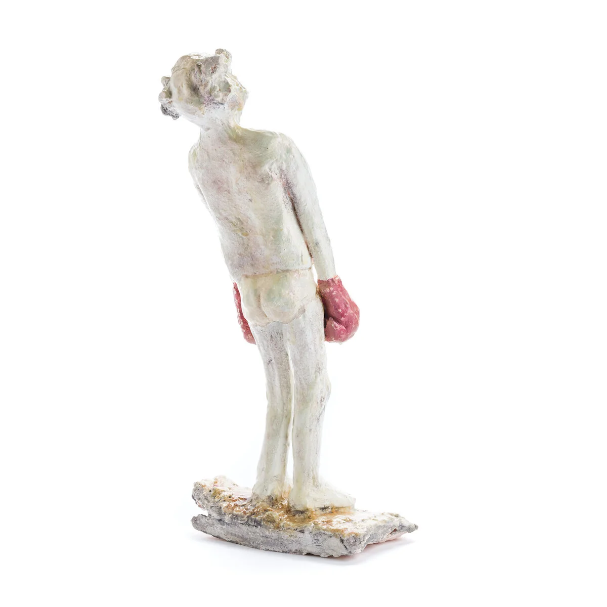 humorous hand built and painted ceramic sculpture of an old man in tight whitey underwear and boxing gloves by Jennifer McCandless available through Soapbox Arts