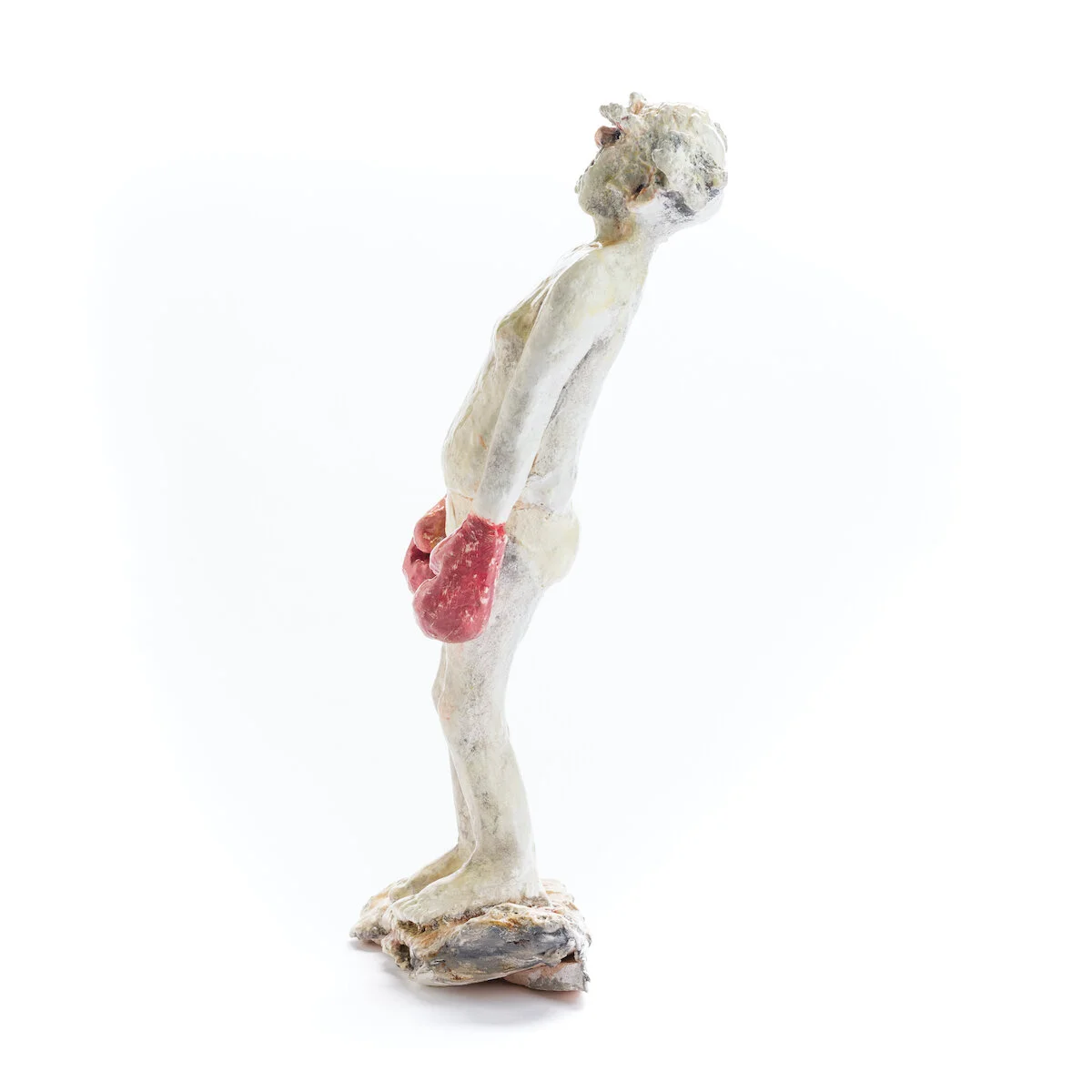 humorous hand built and painted ceramic sculpture of an old man in tight whitey underwear and boxing gloves by Jennifer McCandless available through Soapbox Arts
