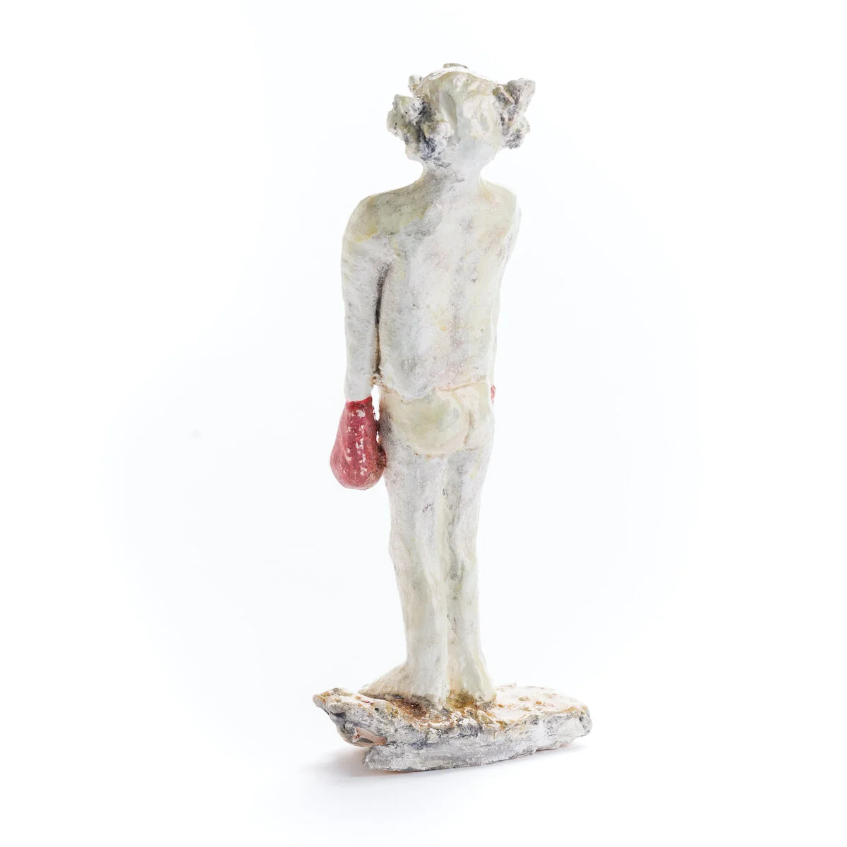 humorous hand built and painted ceramic sculpture of an old man in tight whitey underwear and boxing gloves by Jennifer McCandless available through Soapbox Arts