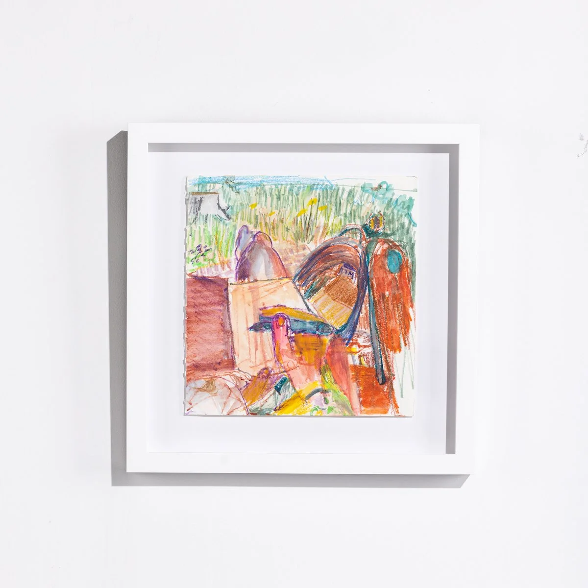 Original Framed Figurative Abstract drawing by Corrine Yonce, of seating figure drawing in notebook in red and green on paper in white float frame available at Soapbox Arts Gallery