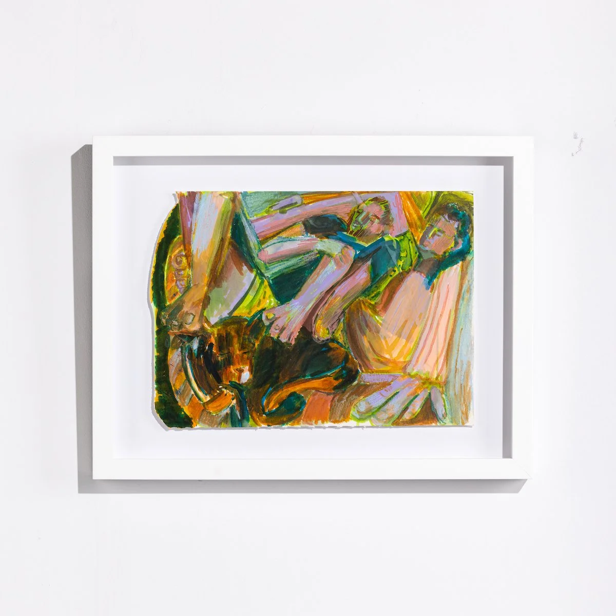 Original Framed Figurative Abstract drawing by Corrine Yonce of lying figures in bold colors on paper in white float frame available at Soapbox Arts Gallery (Copy)