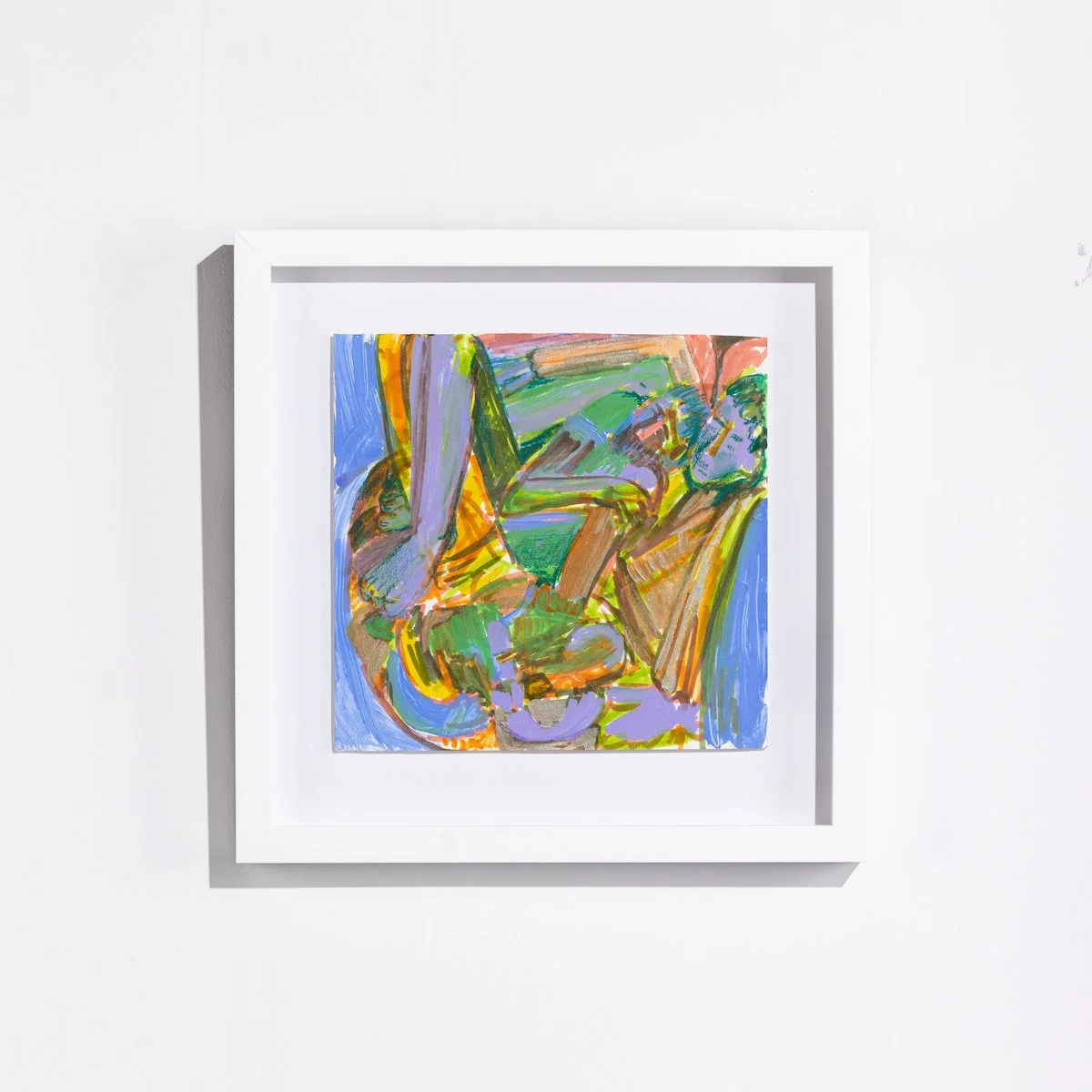 Original Framed Figurative Abstract drawing by Corrine Yonce of lying figures in bold colors on paper in white float frame available at Soapbox Arts Gallery