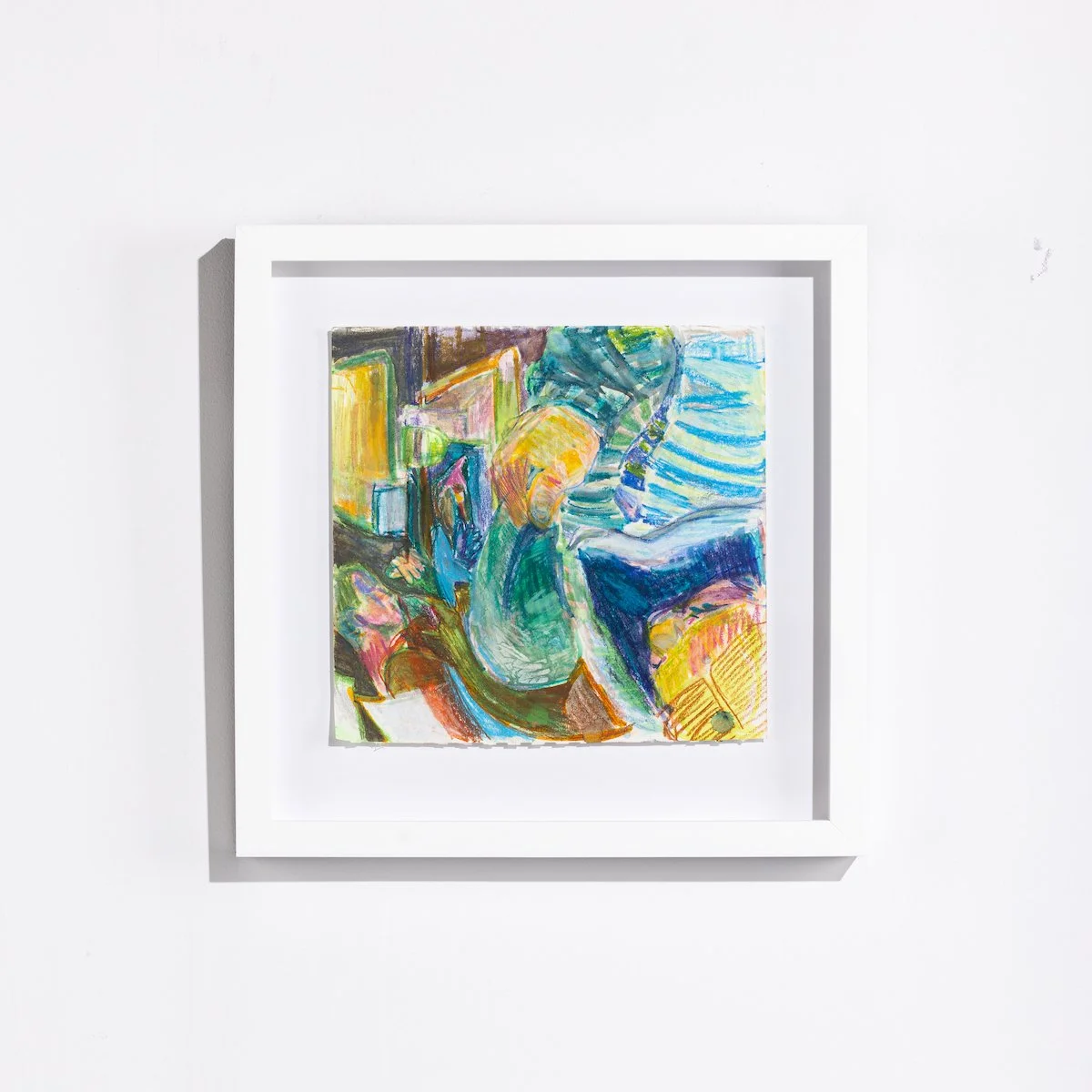 Original Framed Figurative Abstract drawing by Corrine Yonce of lying figures in bold colors on paper in white float frame available at Soapbox Arts Gallery