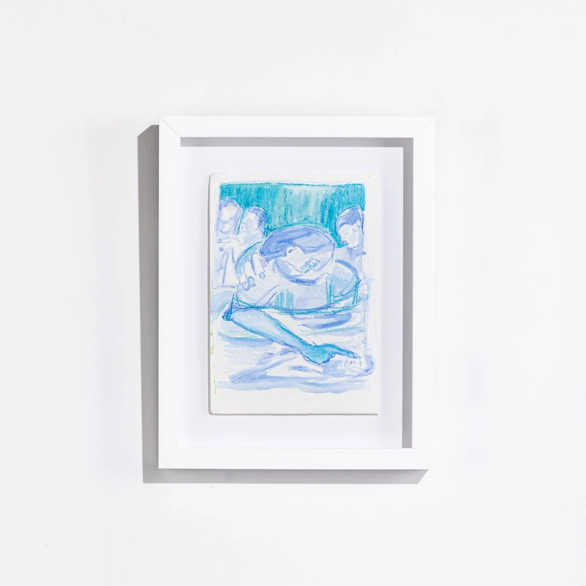Original Framed Figurative Abstract drawing by Corrine Yonce of lying figures in bold colors on paper in white float frame available at Soapbox Arts Gallery