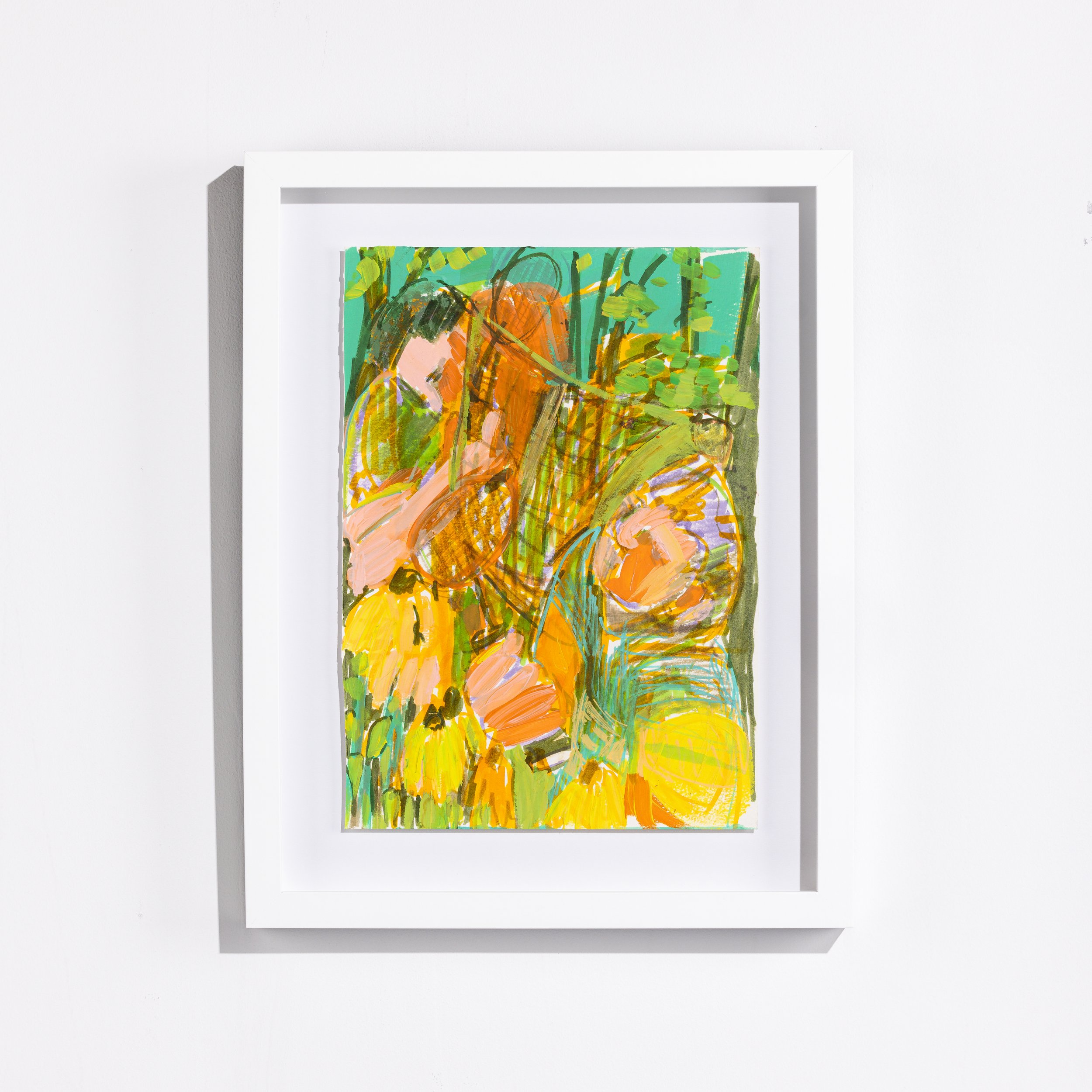 Original Framed Figurative Abstract drawing by Corrine Yonce of lying figures in bold colors on paper in white float frame available at Soapbox Arts Gallery