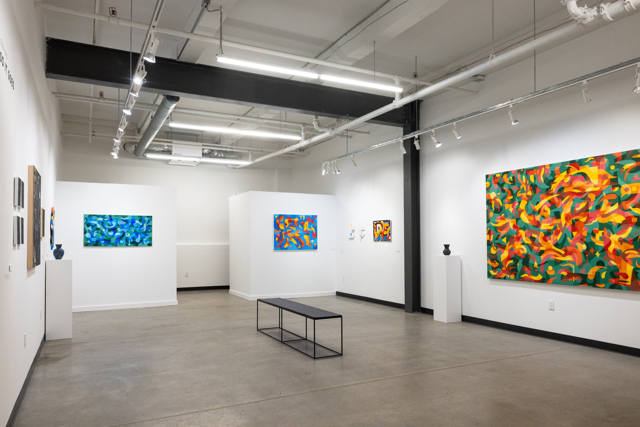 Art Gallery Installation View of Will Gebhard's Solo Exhibition of Original Abstract Paintings at Soapbox Arts Gallery in Burlington, Vermont