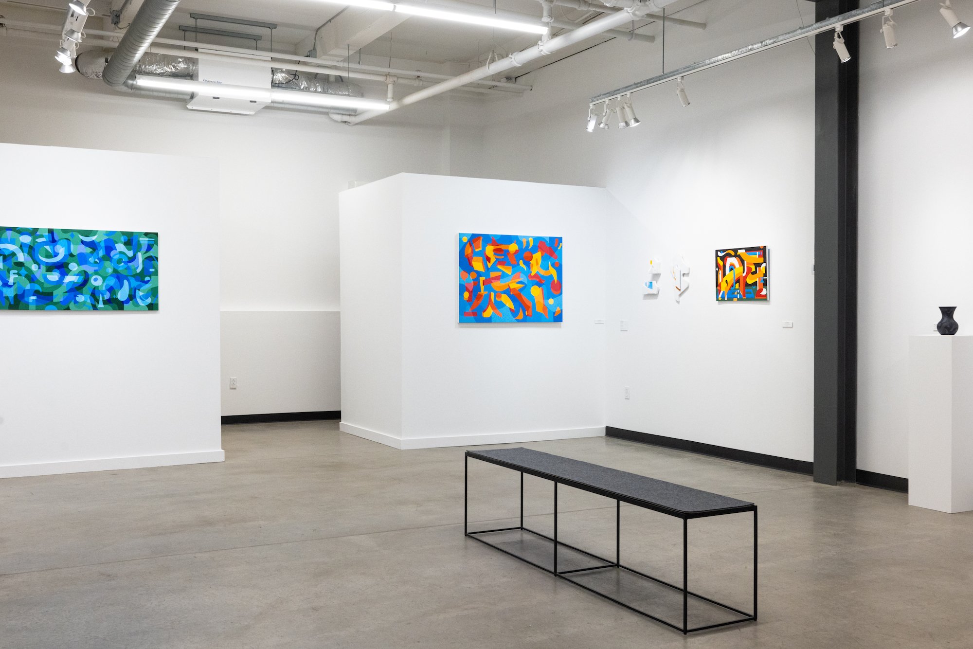 Art Gallery Installation View of Will Gebhard's Solo Exhibition of Original Abstract Paintings at Soapbox Arts Gallery in Burlington, Vermont