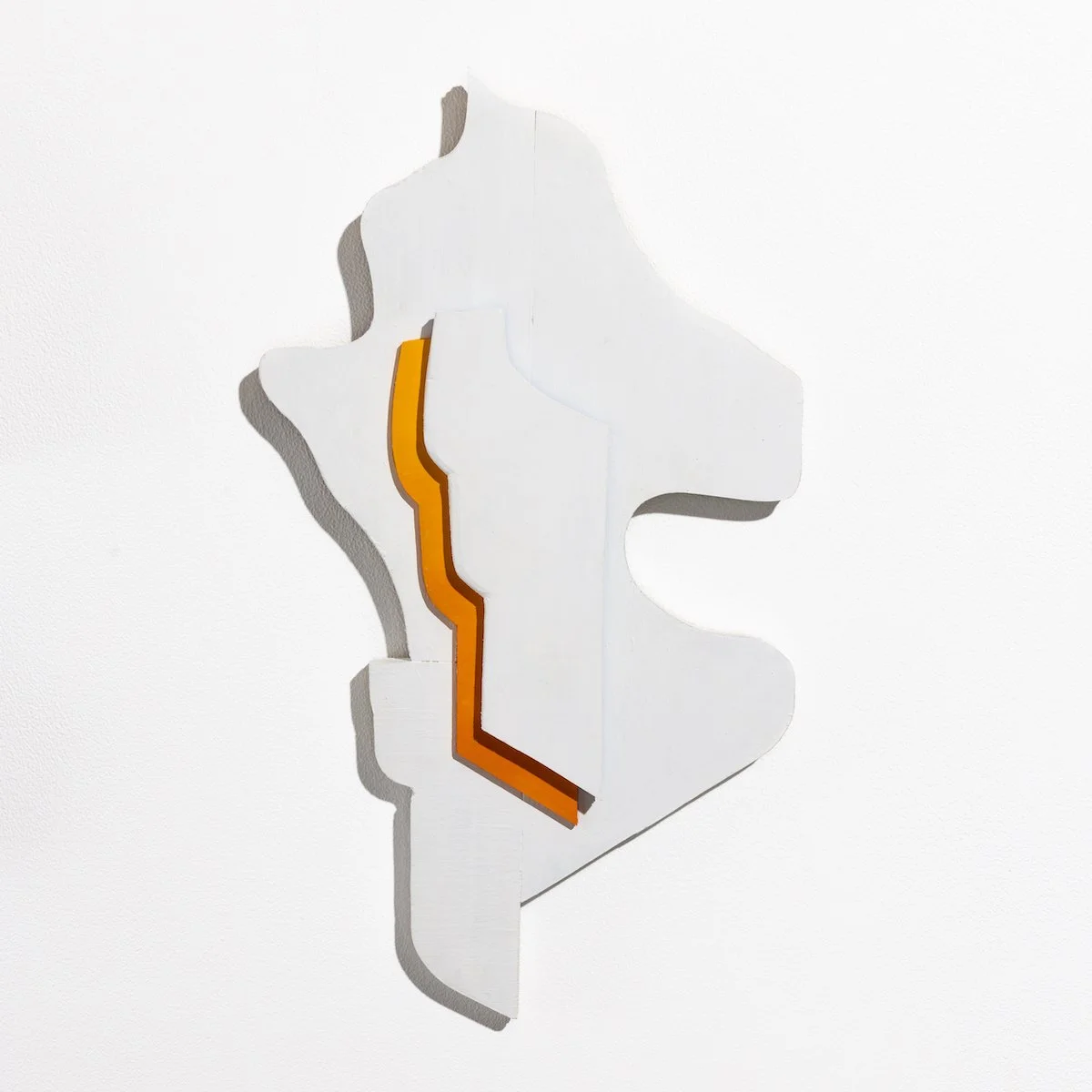 Orange and white abstract geometric painting in acrylic on found wood by Will Gebhard available at Soapbox Arts Gallery in Burlington, Vermont