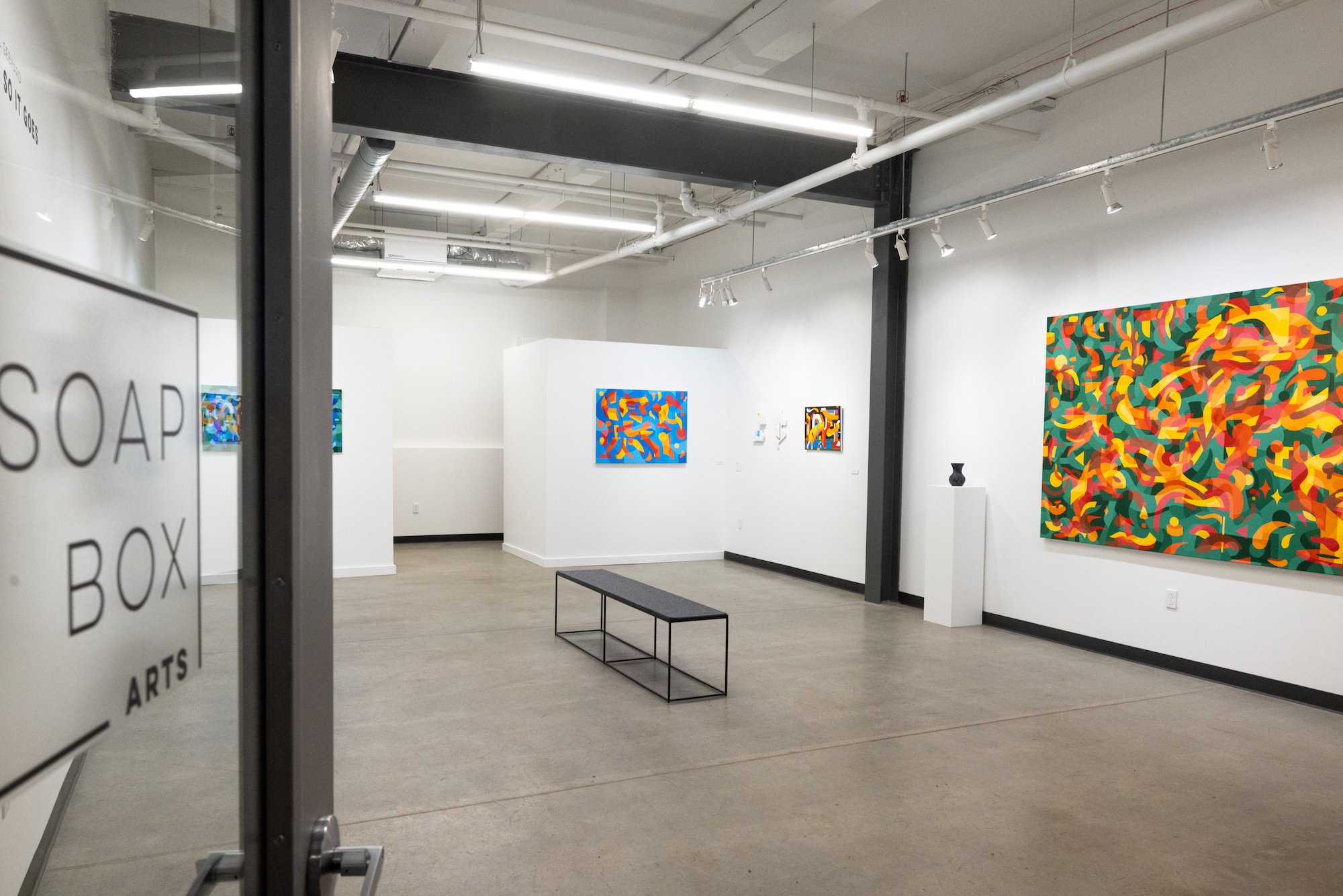 Art Gallery Installation View of Will Gebhard's Solo Exhibition of Original Abstract Paintings at Soapbox Arts Gallery in Burlington, Vermont