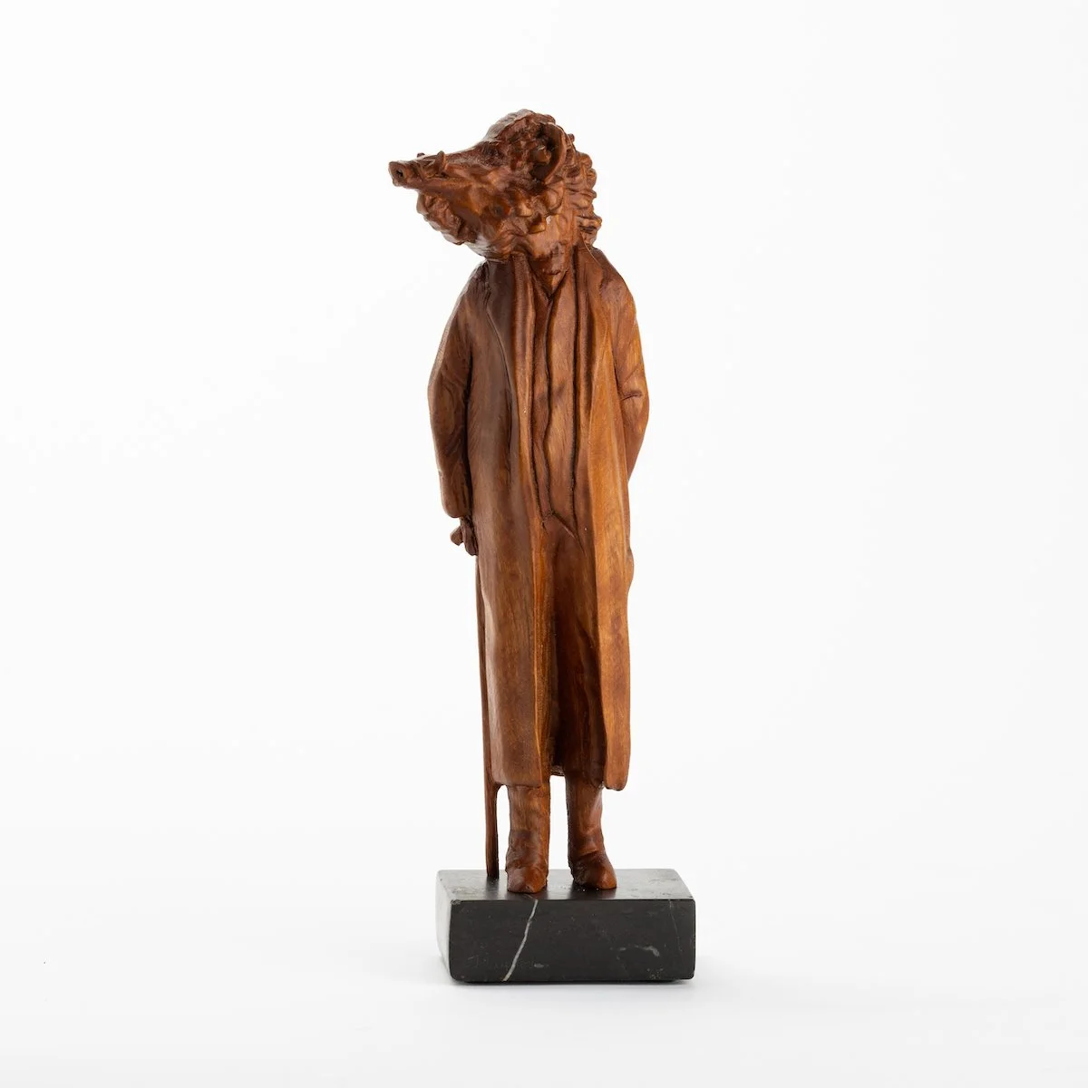 Original anthropomorphic wood sculpture on a stone base of a boar in jacket with a cane by Vermont artist and sculptor, Joe Lupiani, available @ Soapbox Arts Gallery in Vermont