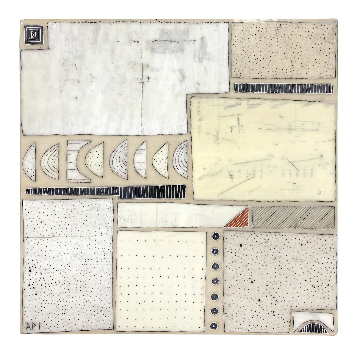 Mixed media encaustic collage in neutral limited color palette on panel by Athena Petra Tasiopoulos available @ Soapbox Arts Gallery in Burlington, VT