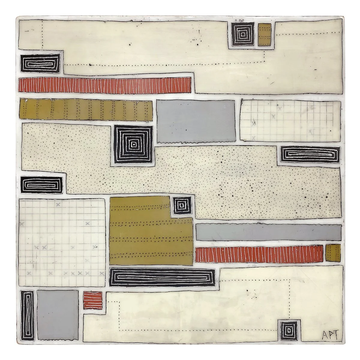 Mixed media encaustic collage in neutral limited color palette on panel by Athena Petra Tasiopoulos available @ Soapbox Arts Gallery in Burlington, VT