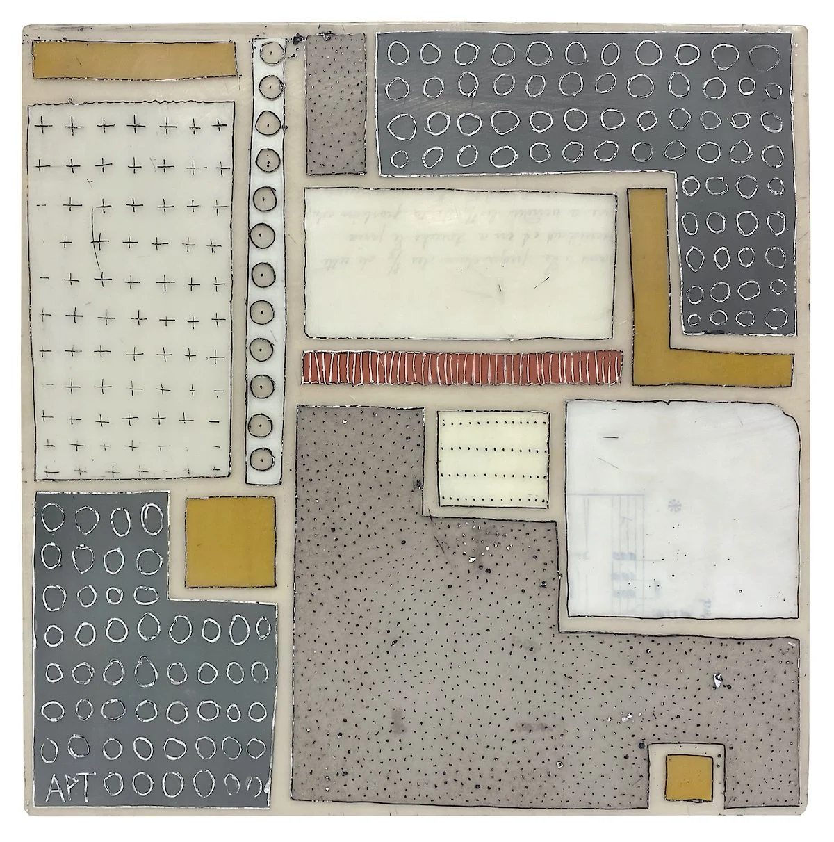 Mixed media encaustic collage in neutral limited color palette on panel by Athena Petra Tasiopoulos available @ Soapbox Arts Gallery in Burlington, VT