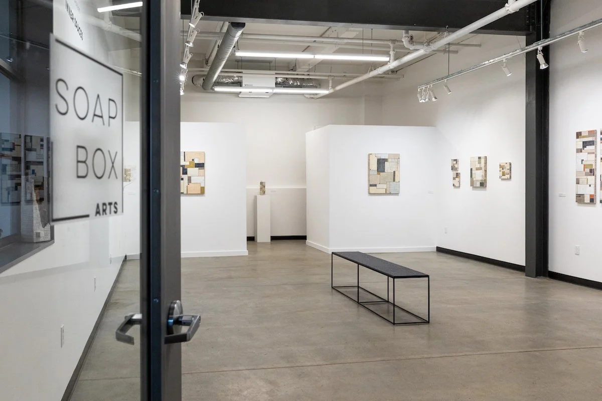 Art Gallery Installation View of Athena Petra Tasiopoulos' Solo Exhibition of Original Encaustic Collages at Soapbox Arts Gallery in Burlington, Vermont