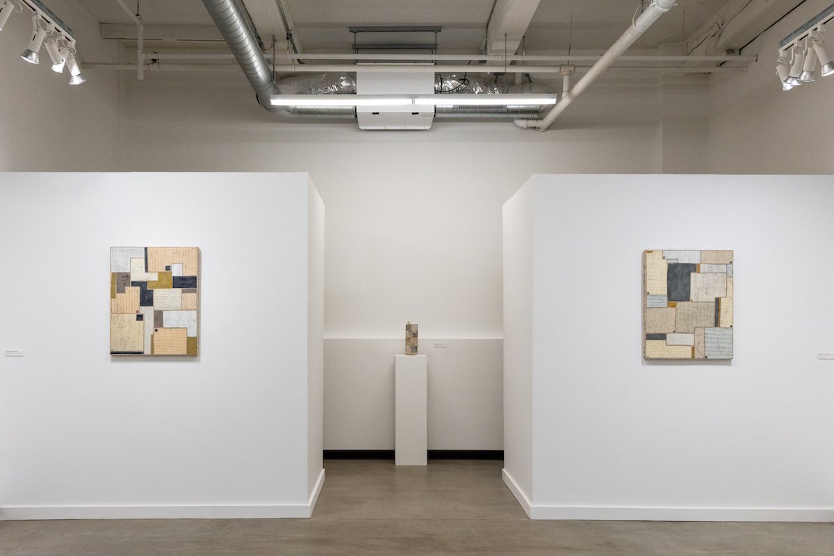 Art Gallery Installation View of Athena Petra Tasiopoulos' Solo Exhibition of Original Encaustic Collages at Soapbox Arts Gallery in Burlington, Vermont