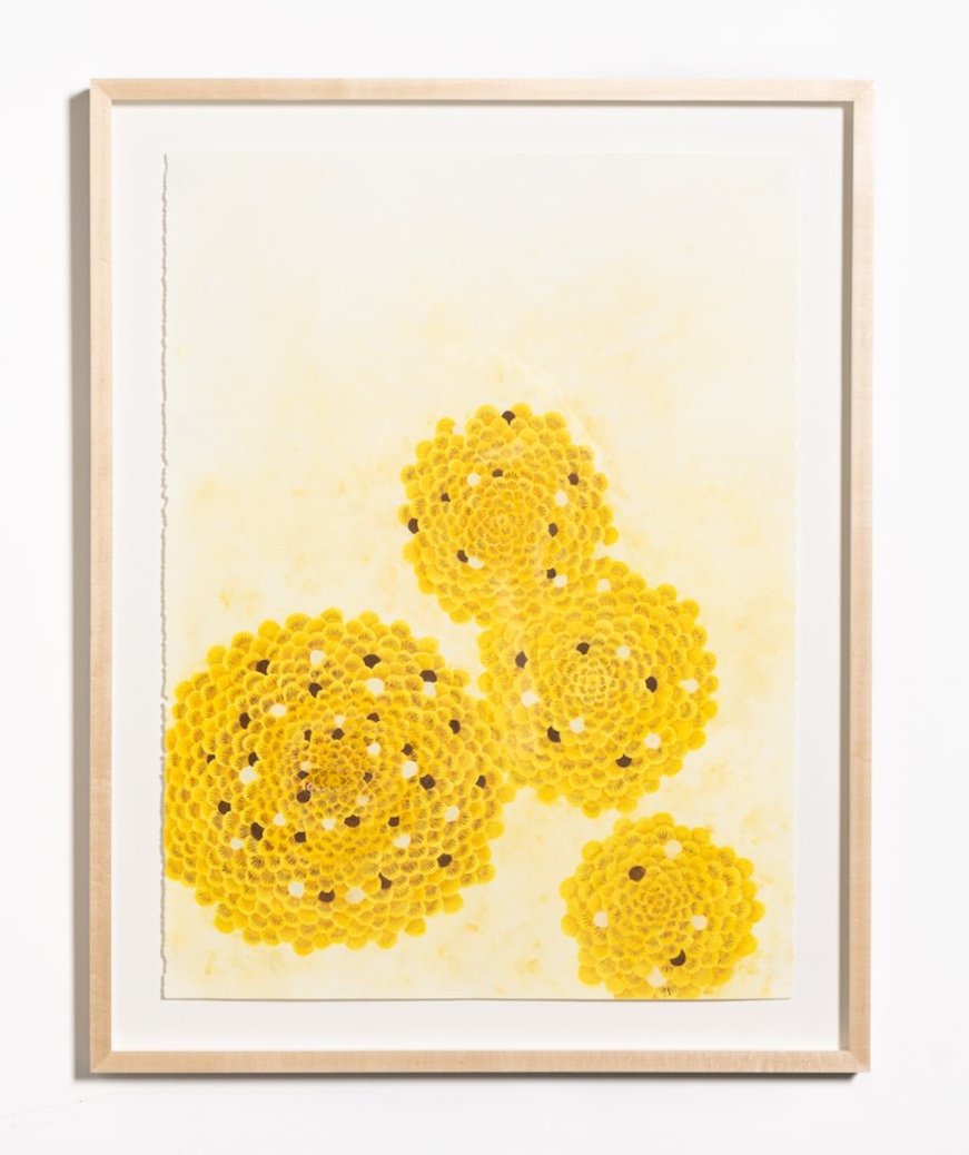 "Mexico (Yellow Flowers)" Original Drawing with Postage Stamp Collage by Andrea Moreau @ Soapbox Arts Gallery, Burlington, Vermont