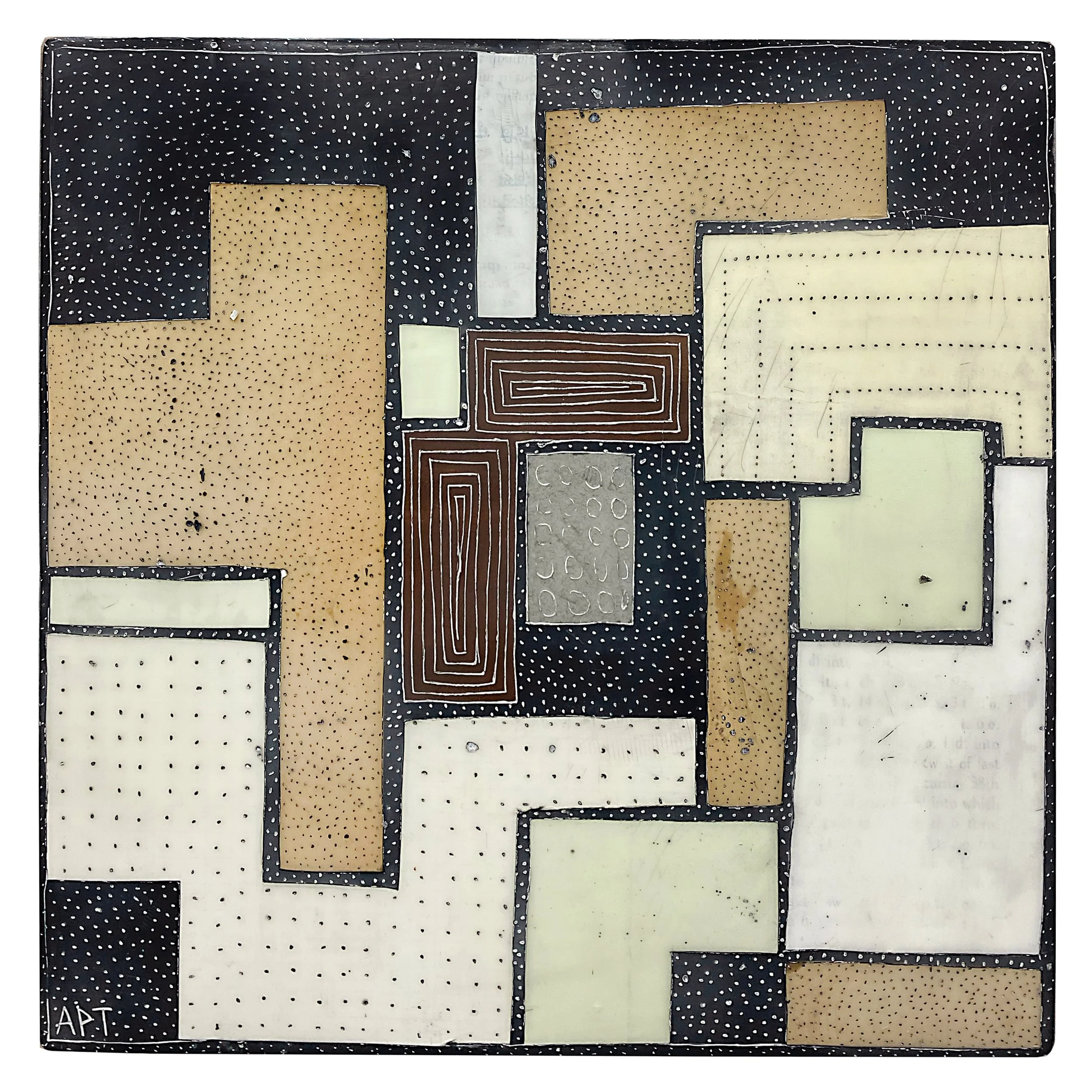 Mixed media, collage, and encaustic original artwork on panel featuring abstract geometric design in black, and neutrals by Athena Petra Tasiopoulos for Soapbox Arts Gallery