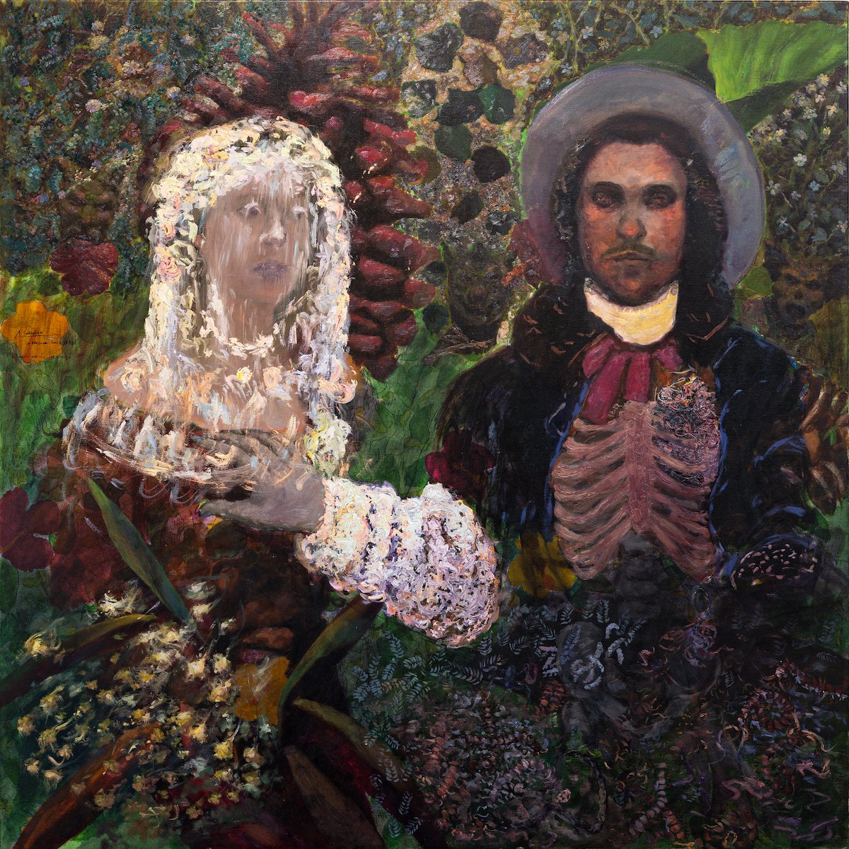 "The Martyrdom of a Friend" Original Oil Painting of a Couple in Lush Green Foliage by Orlando Almanza @ Soapbox Arts Gallery, Burlington, Vermont