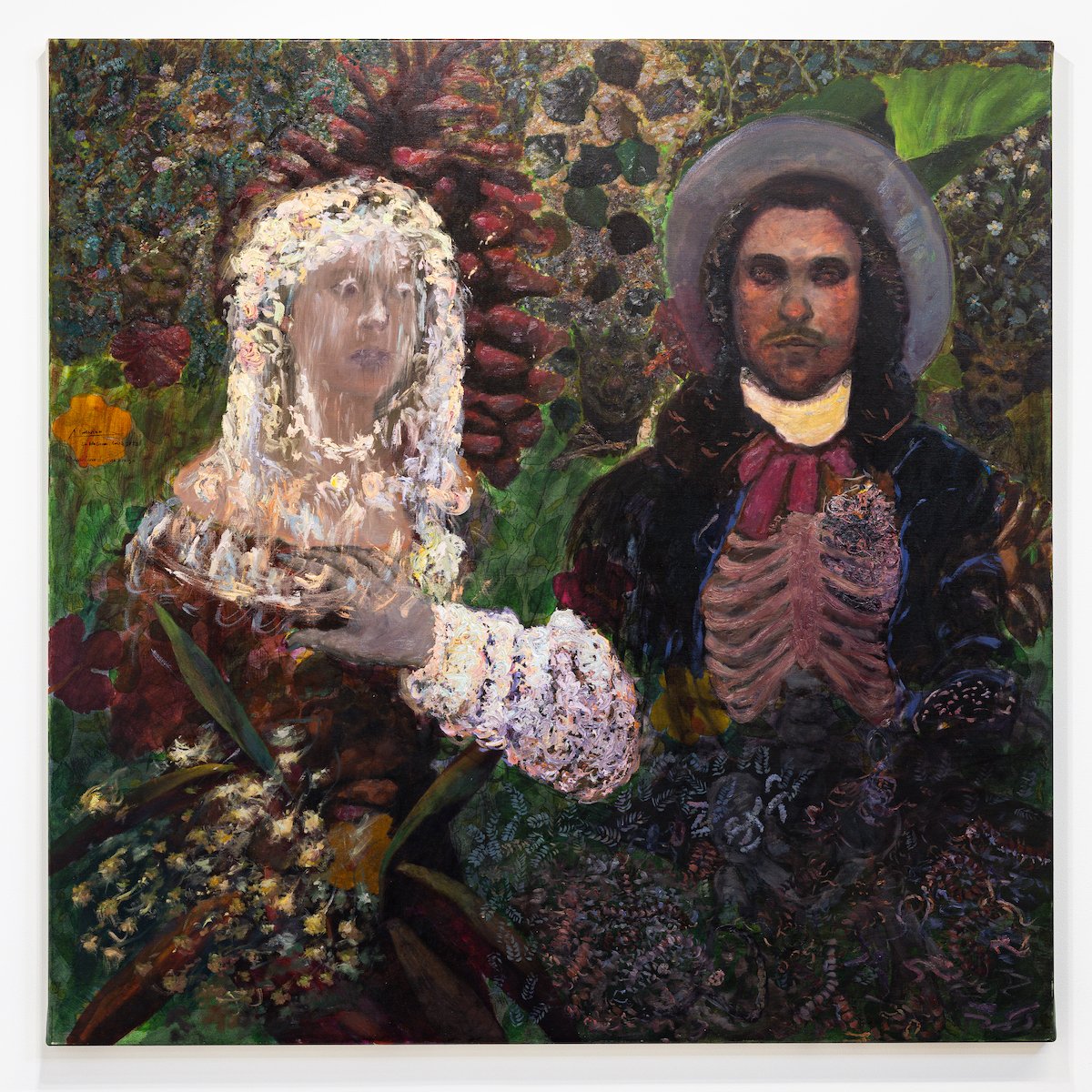 "The Martyrdom of a Friend" Original Oil Painting of a Couple in Lush Green Foliage by Orlando Almanza @ Soapbox Arts Gallery, Burlington, Vermont