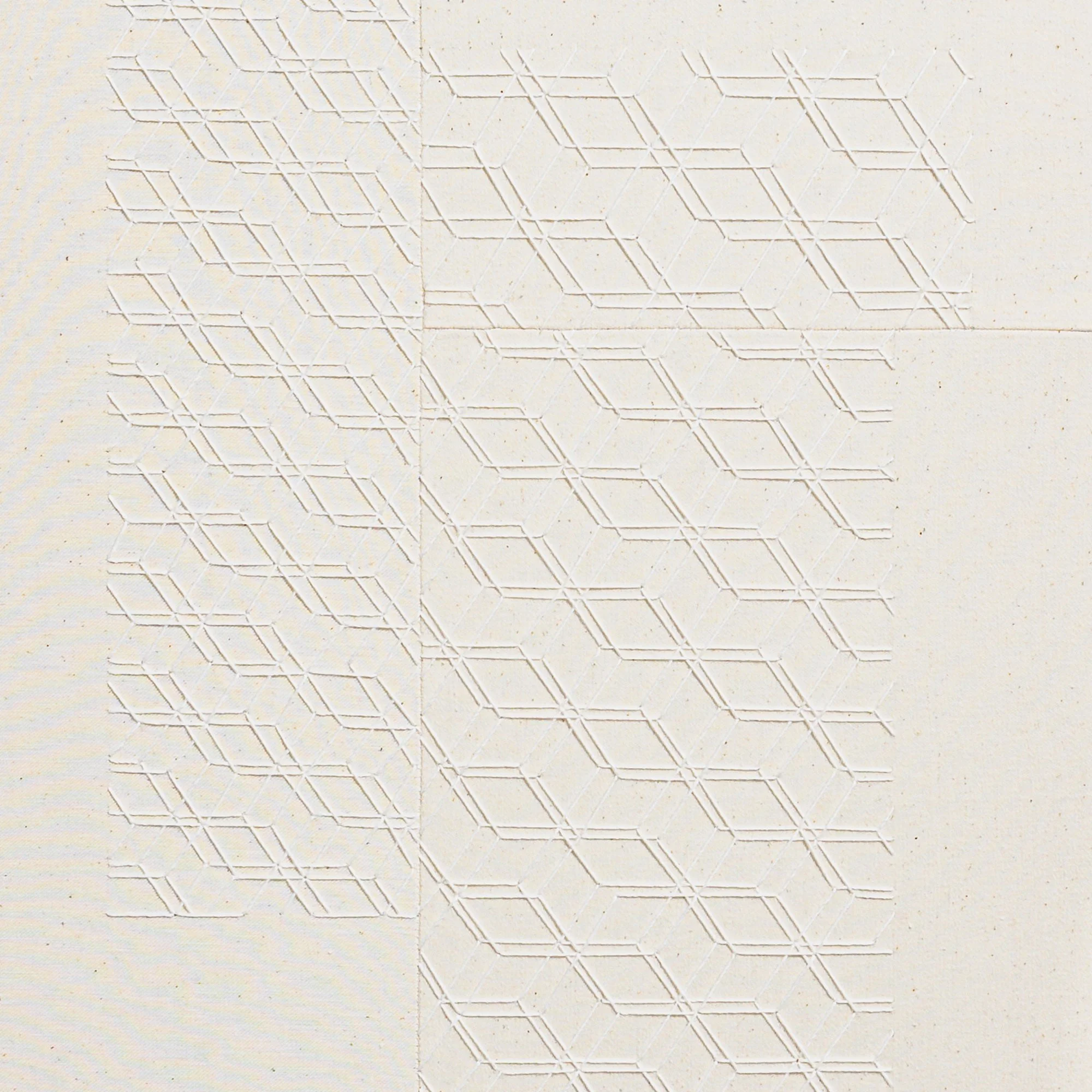 hand embroidered artwork with white thread on cotton canvas in geometric patterns by Alice Wiese for Soapbox Arts Gallery in Burlington, Vermont