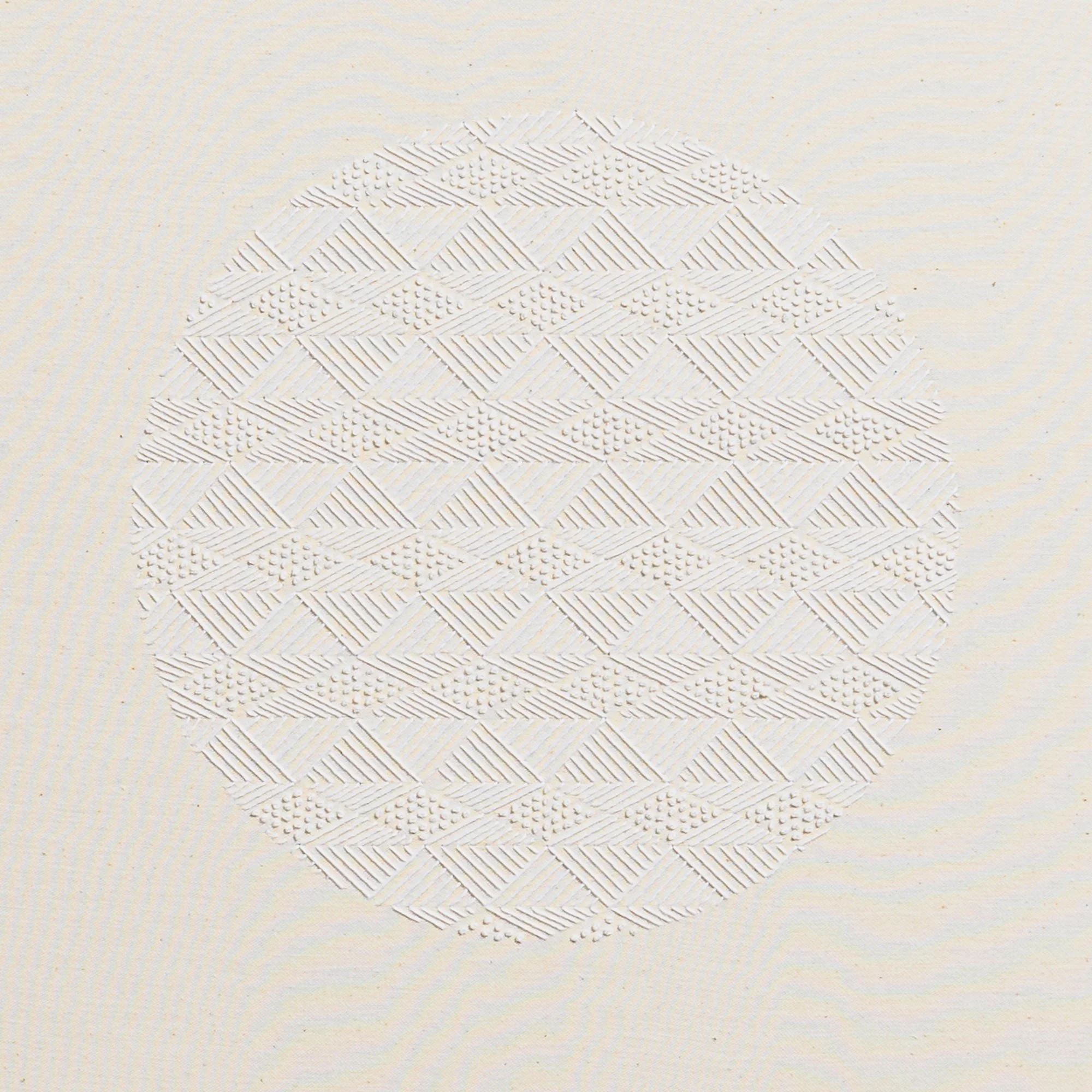 hand embroidered artwork with white thread on cotton canvas in geometric patterns by Alice Wiese for Soapbox Arts Gallery in Burlington, Vermont