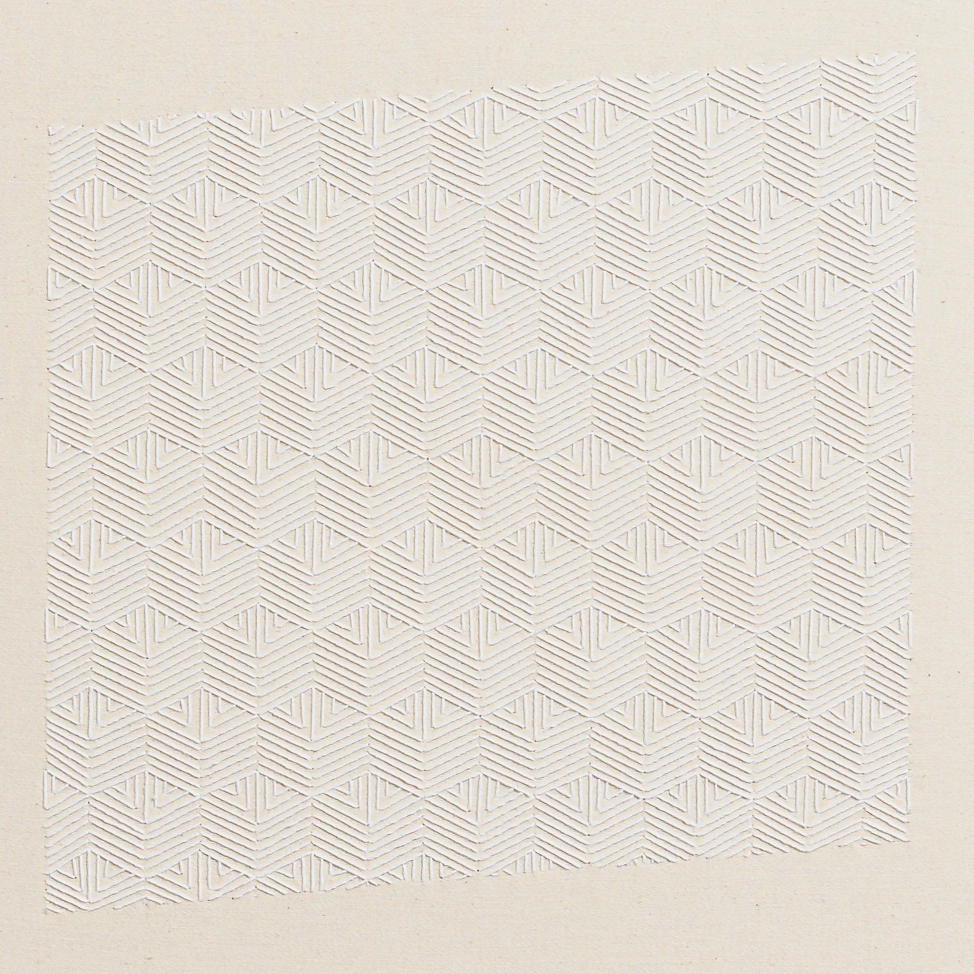 hand embroidered artwork with white thread on cotton canvas in geometric patterns by Alice Wiese for Soapbox Arts Gallery in Burlington, Vermont